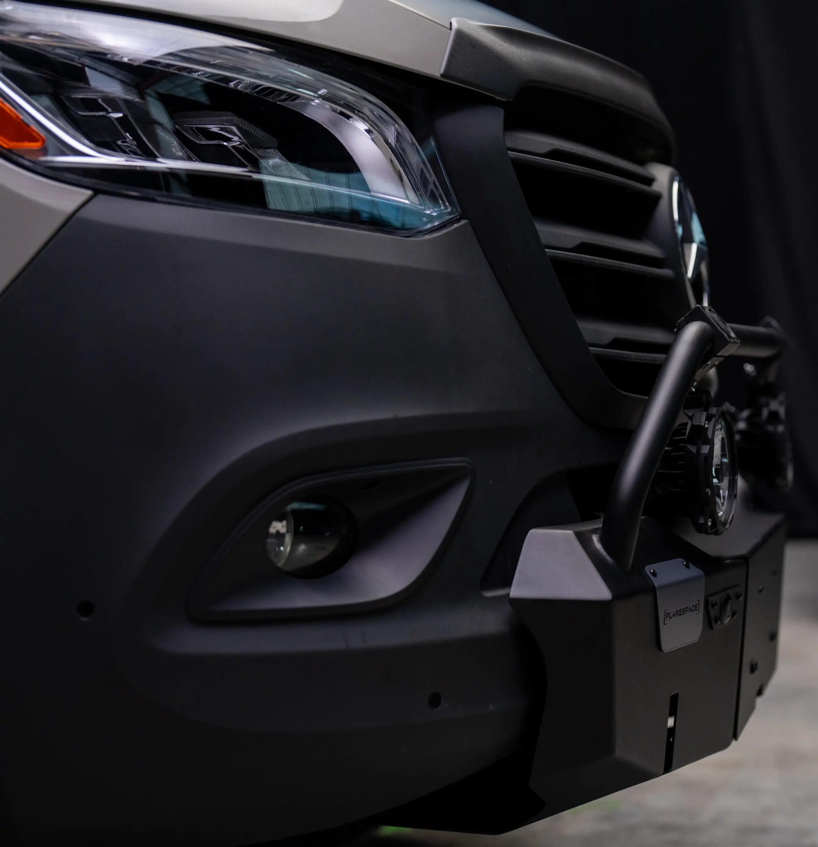 Close-up of Sprinter Van front with bumper guard, ideal for overland campervan or adventure van