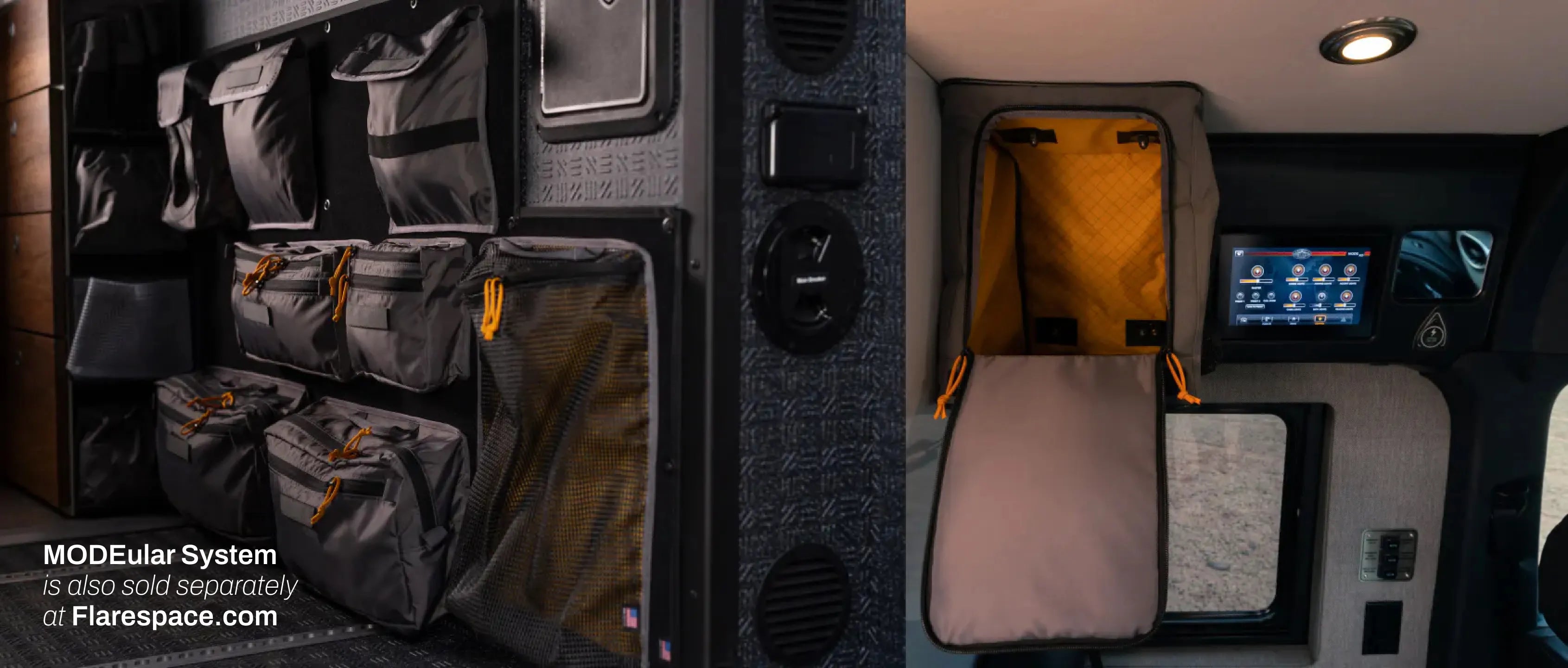 Adventure Van interior featuring modular storage, gear bags, control panel, perfect for camper van, vanlife, overlanding, expedition vehicle setups