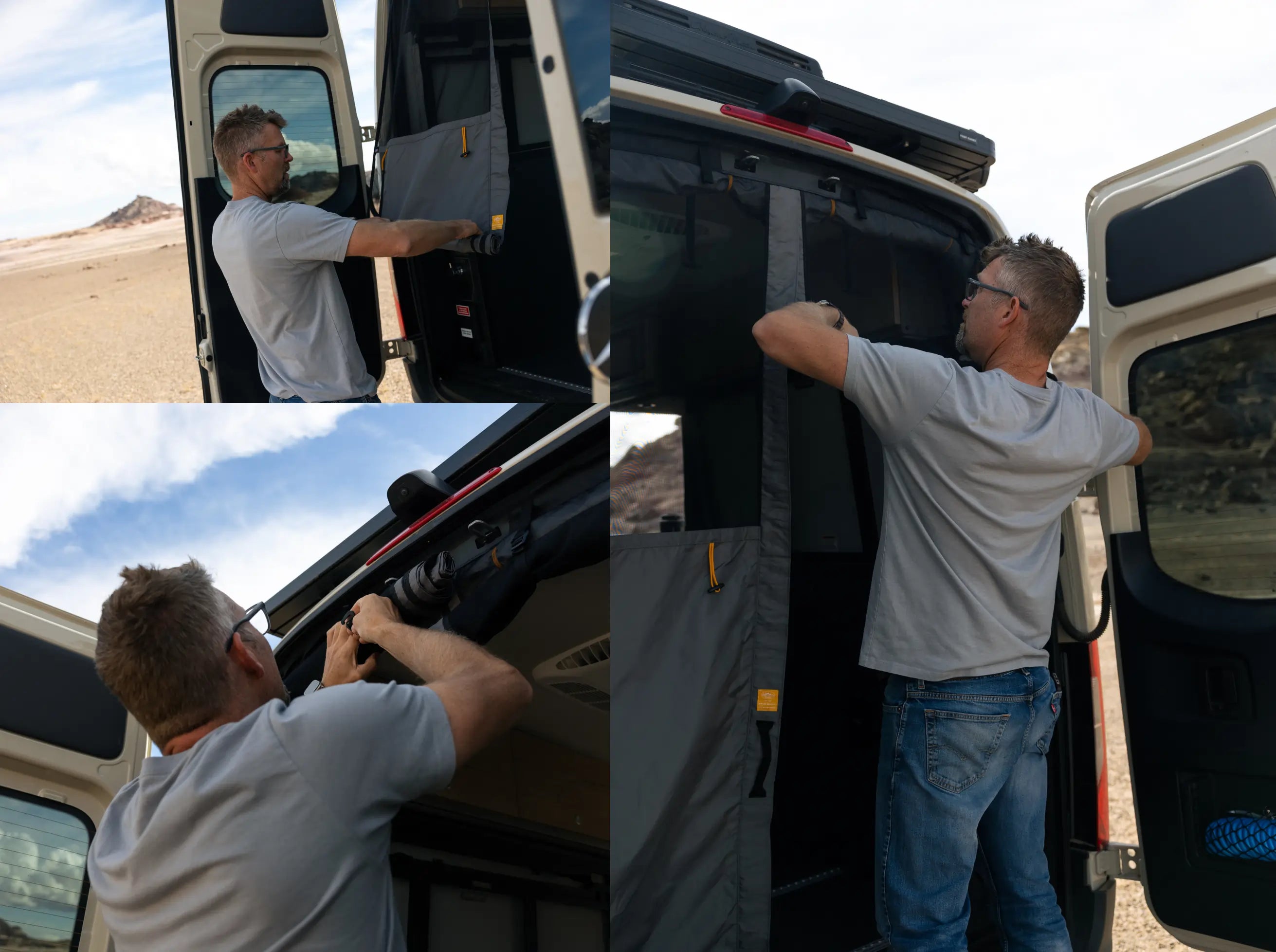 Man installing bug screen on camper van rear doors, ideal for adventure van, vanlife, road trip