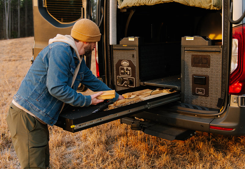 Storyteller Overland, Camper Van, Campervan, Adventure Van, Class B RV, Small Motorhome, Overland, Overlanding, Offroad Vehicle, Vanlife, Van life, TOUR MODE, Storage Tray 