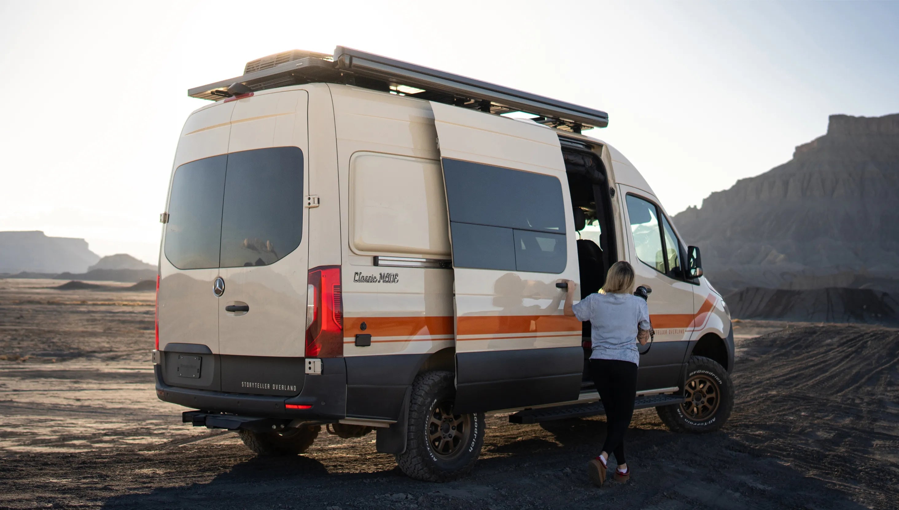 Classic MODE 4x4 camper van in desert landscape, adventure van conversion for overlanding