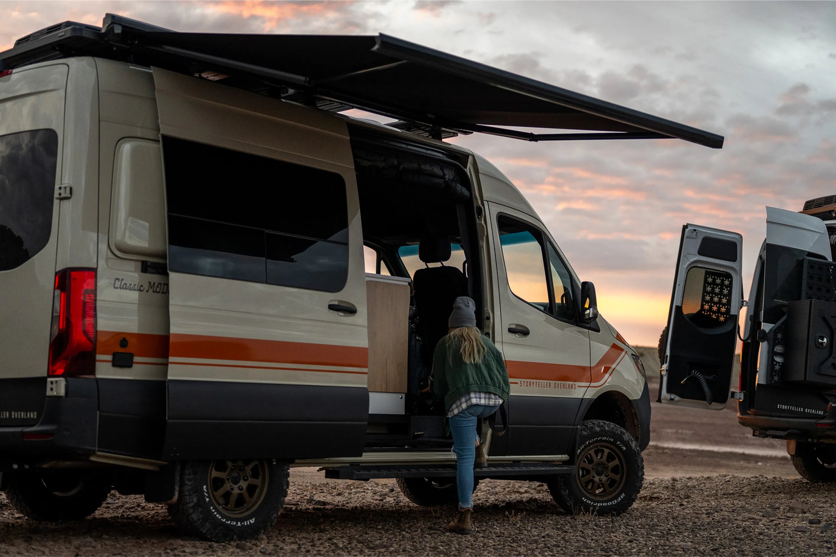 Classic MODE 4x4 camper van side view at sunset, adventure van for overlanding and vanlife