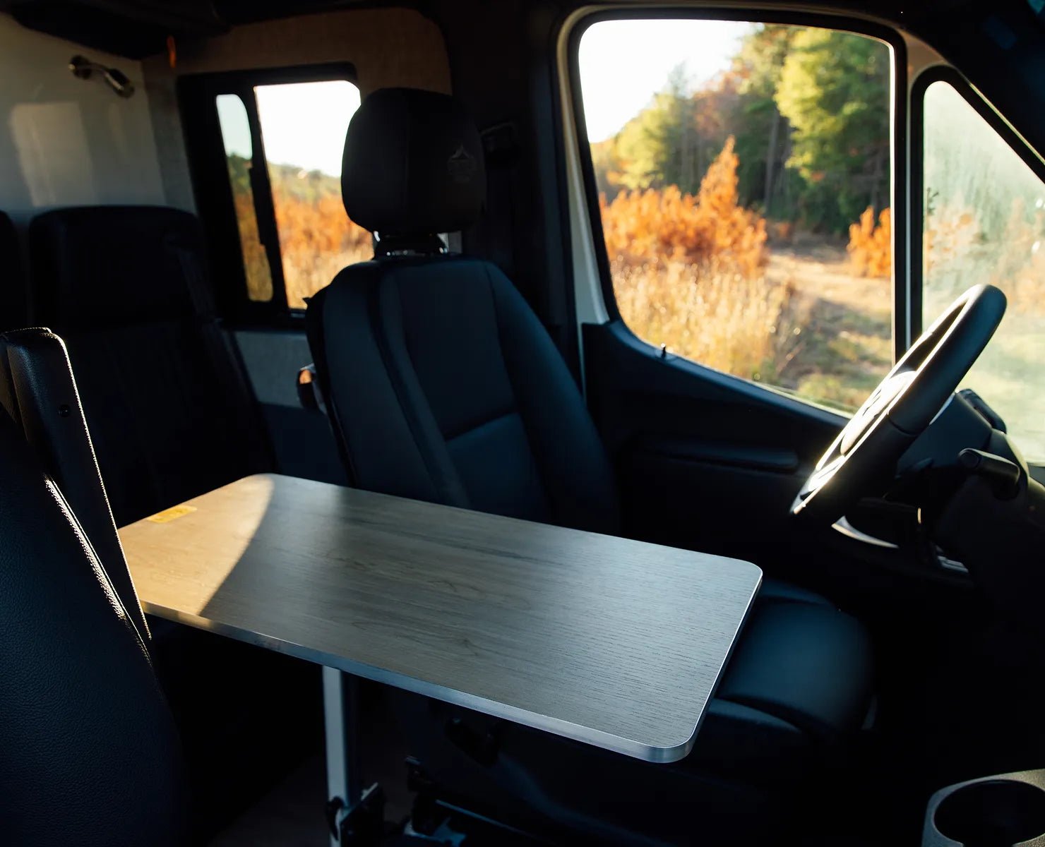 Interior table in Sprinter camper van, ideal for overlanding, vanlife, adventure travel