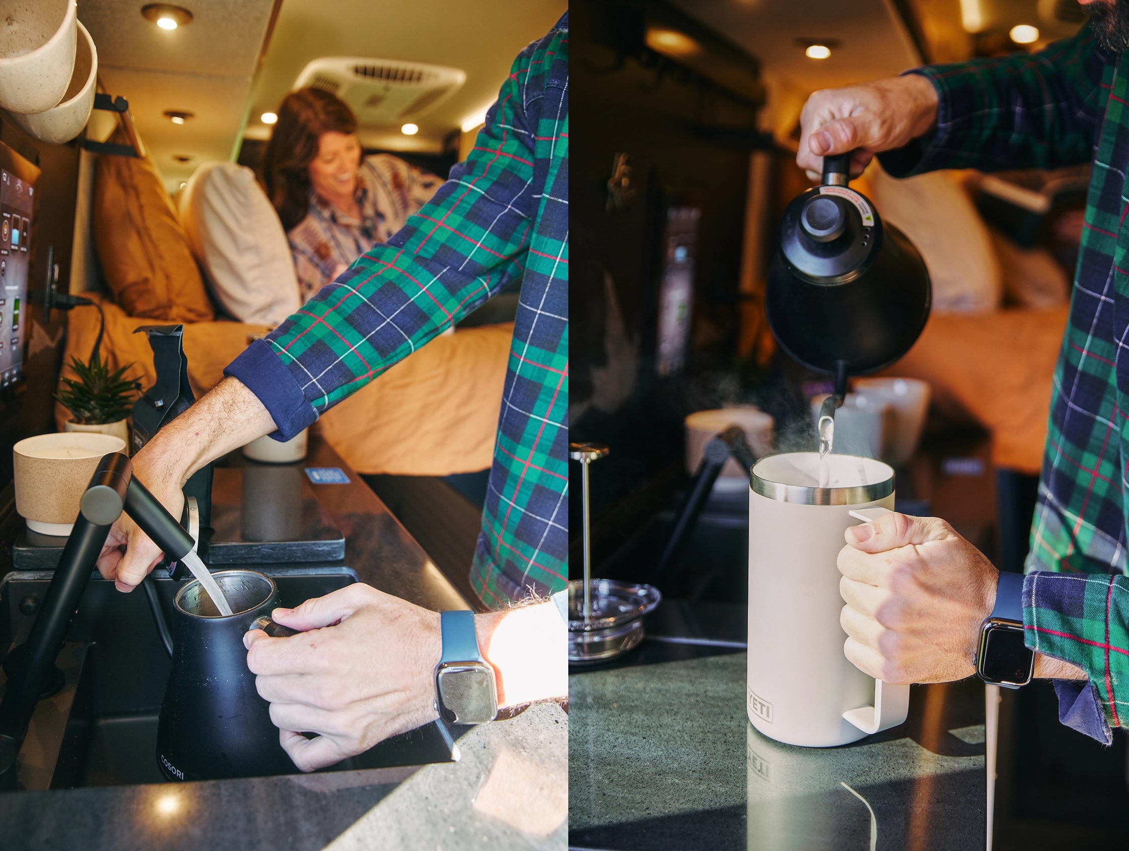 Person pouring coffee from a kettle into a white mug in a kitchen setting. Offroad Vehicle, Vanlife, Van life, TOUR MODE Mercedes Sprinter