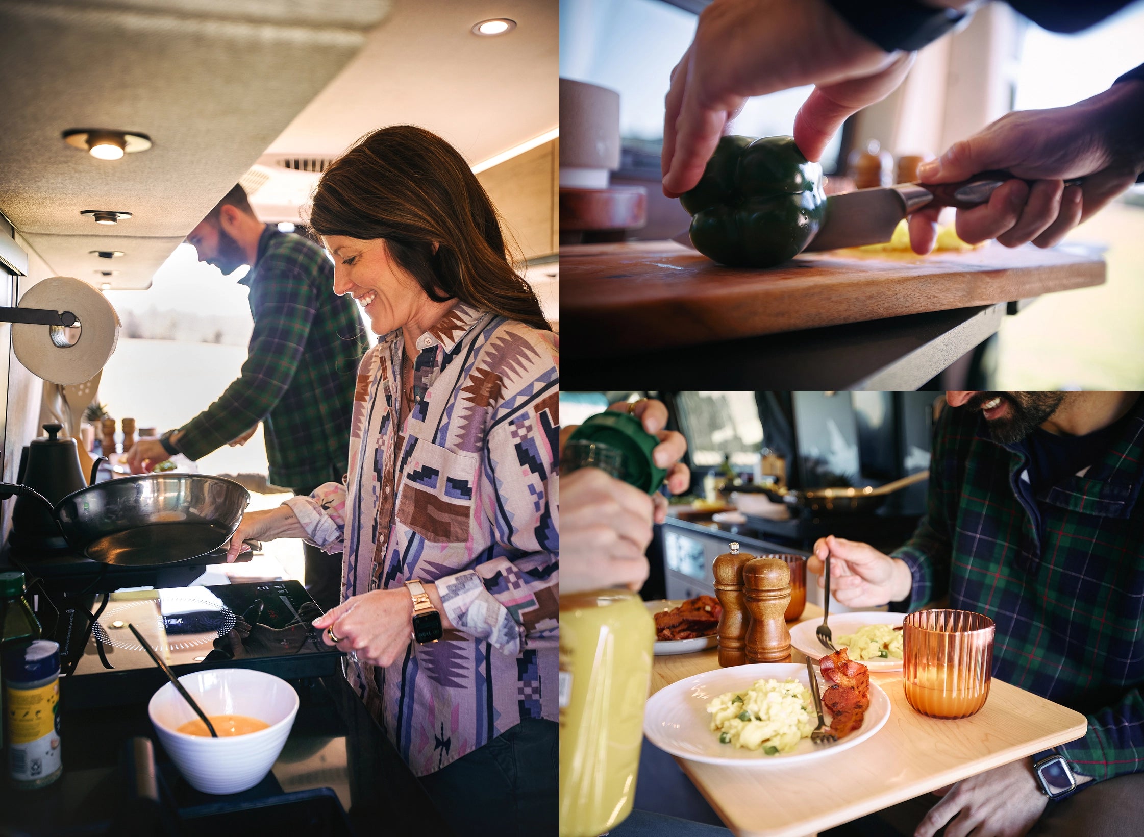 Collage of people cooking and dining, including a woman cooking, hands cutting vegetables, and a table with food.Vanlife, Campervan