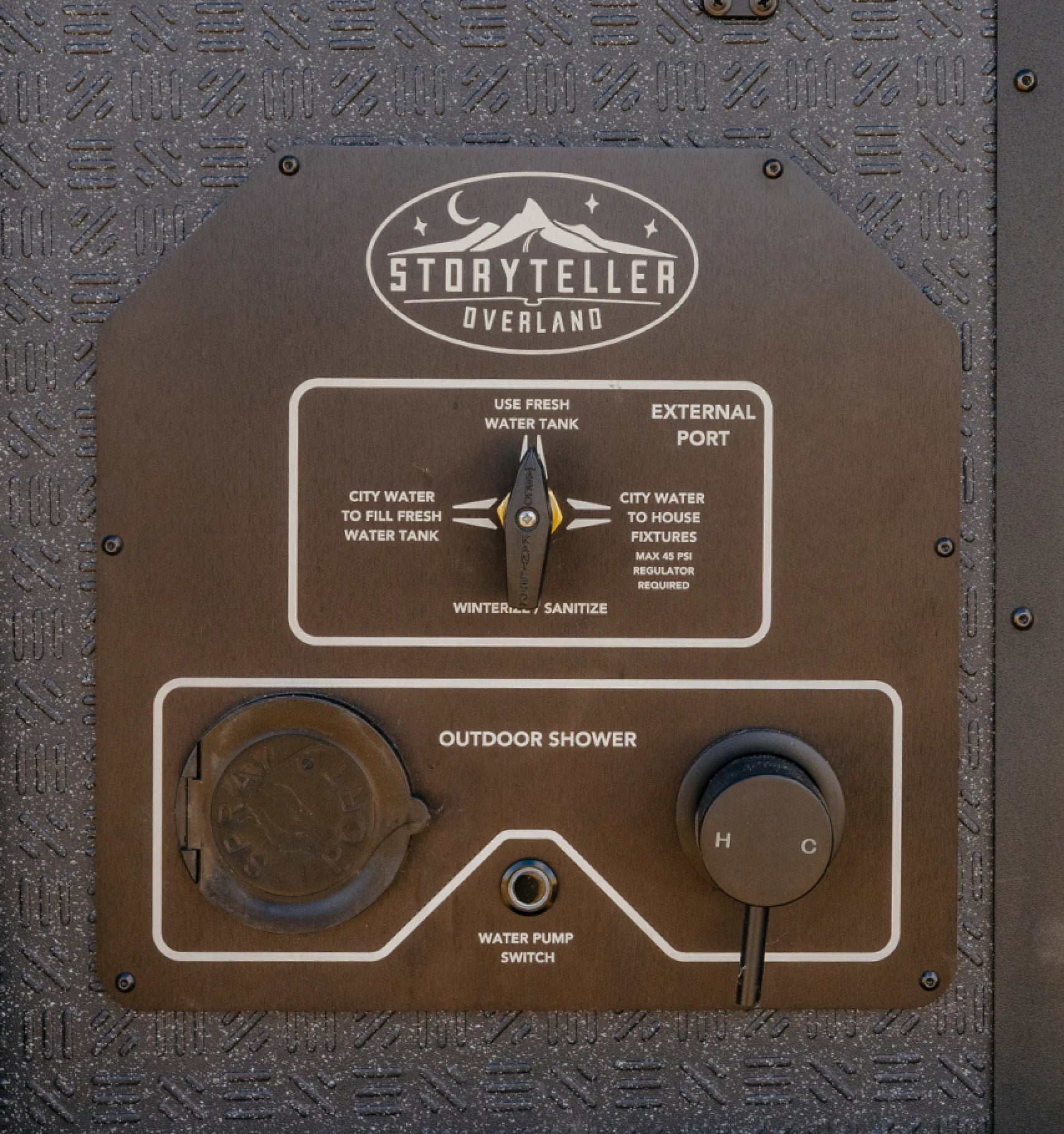 Camper van outdoor shower and water control panel for overlanding or van life vehicle