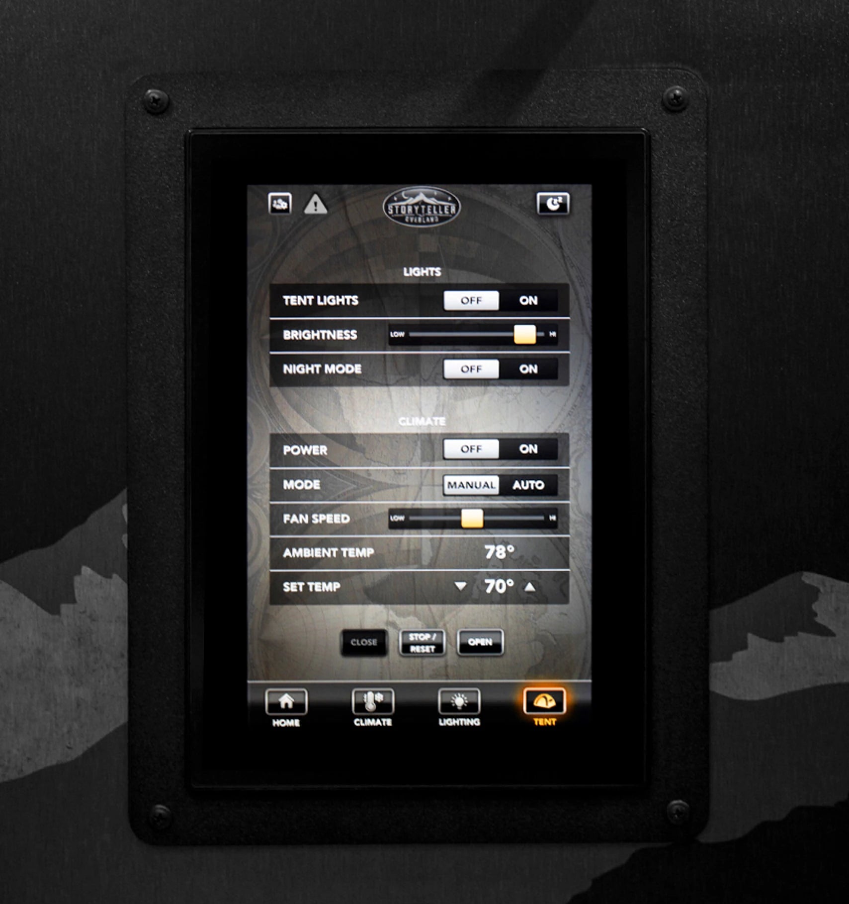 Touchscreen control panel for climate and lighting in adventure van or Class B RV, MODE4x4