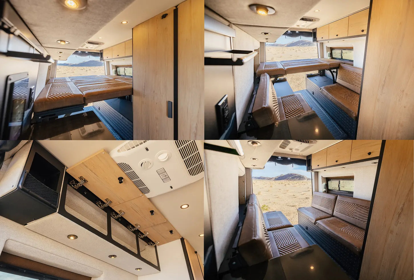 Modern camper van interior with convertible bed, leather seats, overhead storage, offroad adventure van