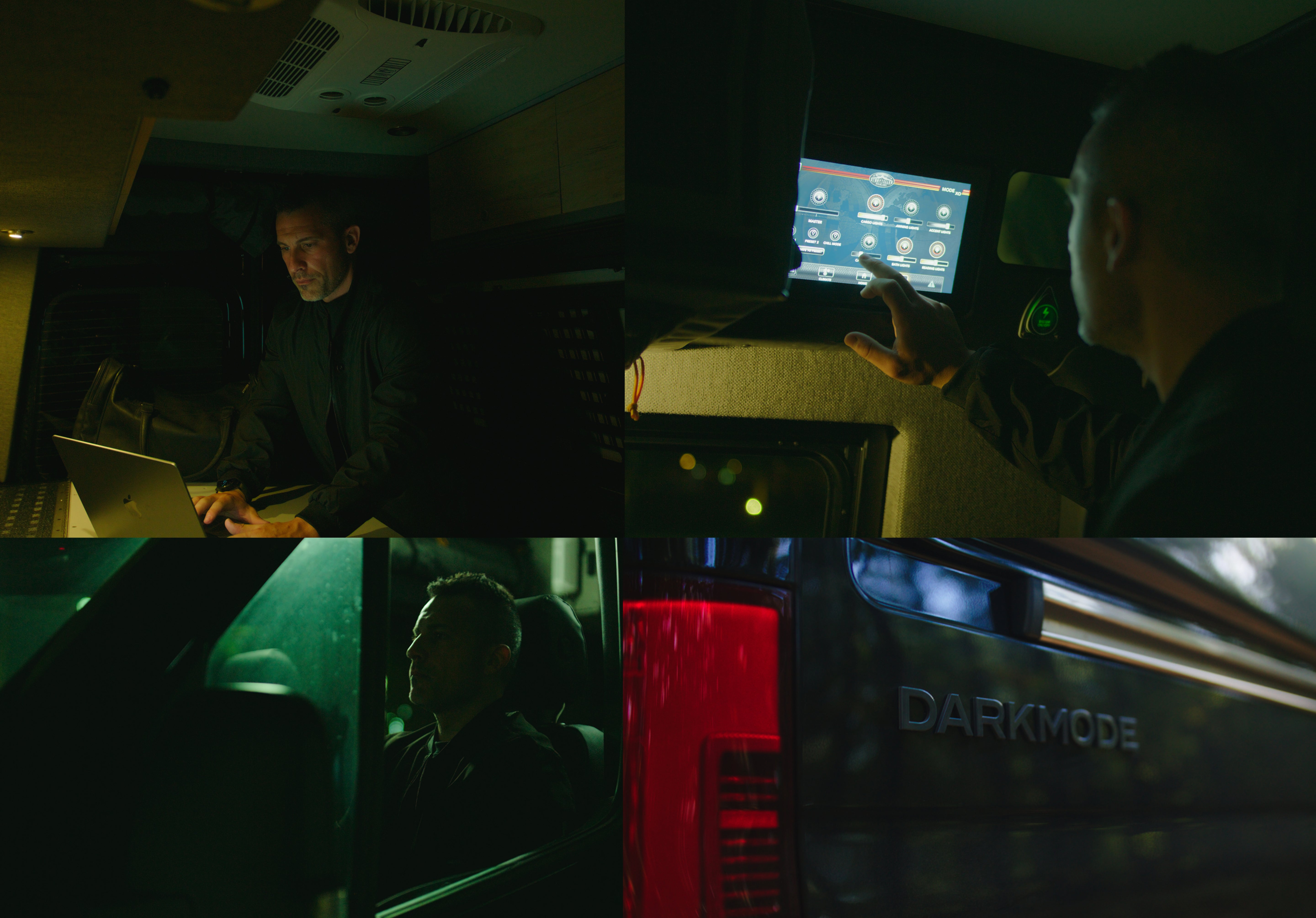 Dark Mode adventure van interior tech setup, exterior badge, and driver, ideal for vanlife, overlanding, offroad travel, MODE4x4, and camper van lifestyle.