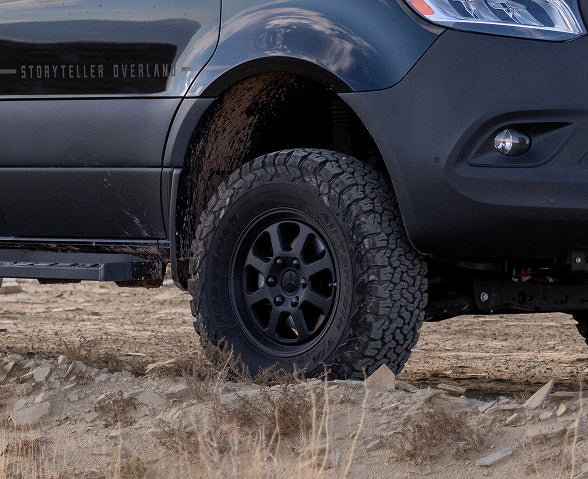 Offroad wheel and tire on adventure van, ideal for overlanding, vanlife, road trips