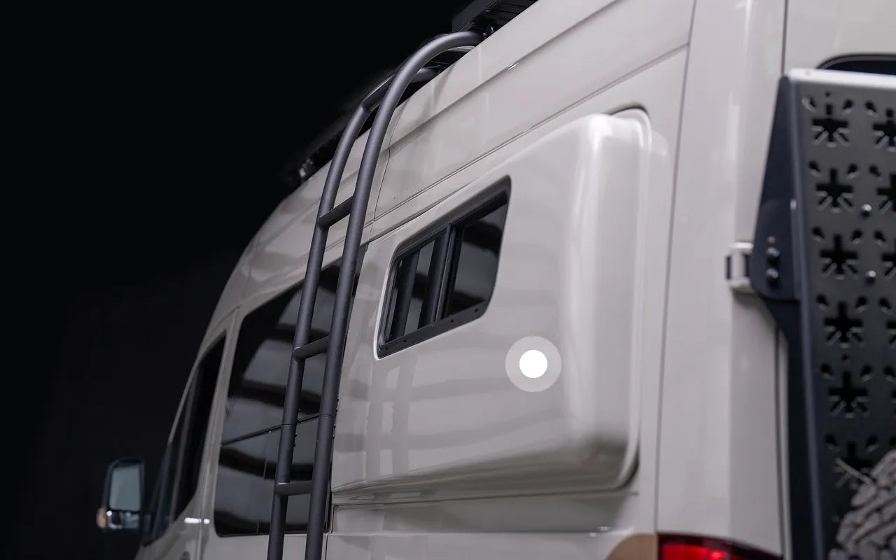 Sprinter van campervan with custom ladder, offroad accessories, ideal for overland adventure travel