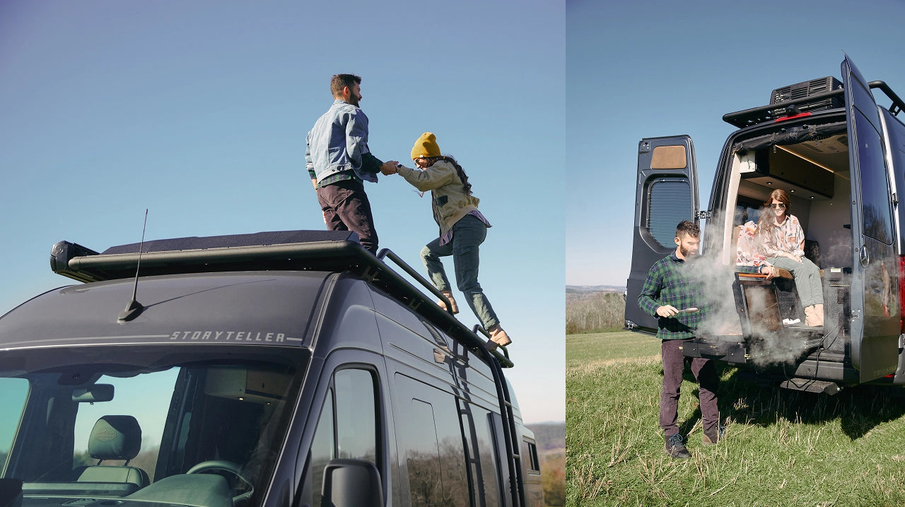 Two images: one of a person climbing onto a van's roof rack, the other of people inside a van with an open door. Storyteller Overland, Camper Van, Campervan, Adventure Van, Class B RV, Overland, Overlanding, Offroad Vehicle, Vanlife, Van life, TOUR MODE Mercedes Sprinter