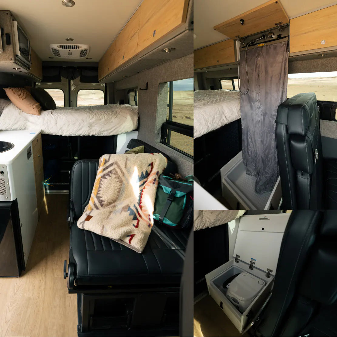 Camper van interior with convertible bed, shower, and toilet, ideal for vanlife and overlanding.
