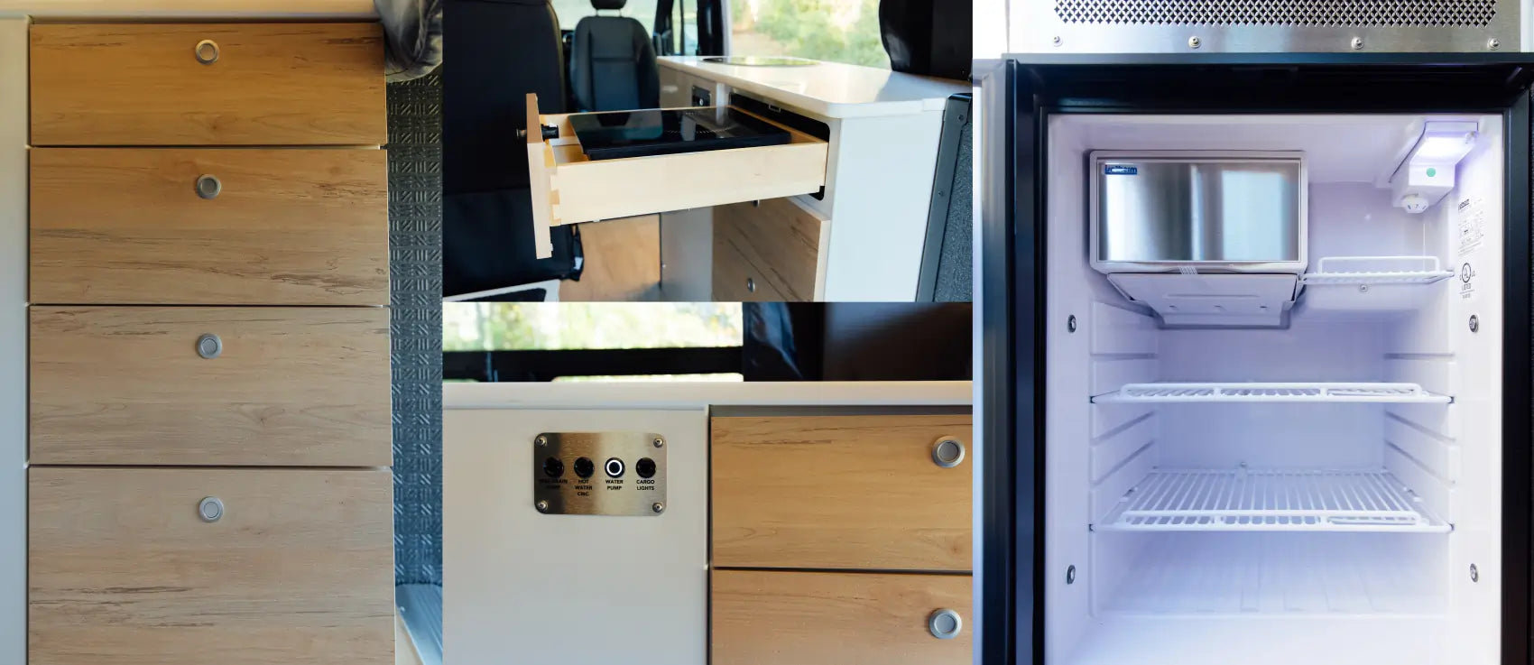 Camper van kitchen storage with wooden drawers, pull-out stove, fridge, and control panel, ideal for vanlife, overlanding, Class B RV, Sprinter van, and adventure travel.