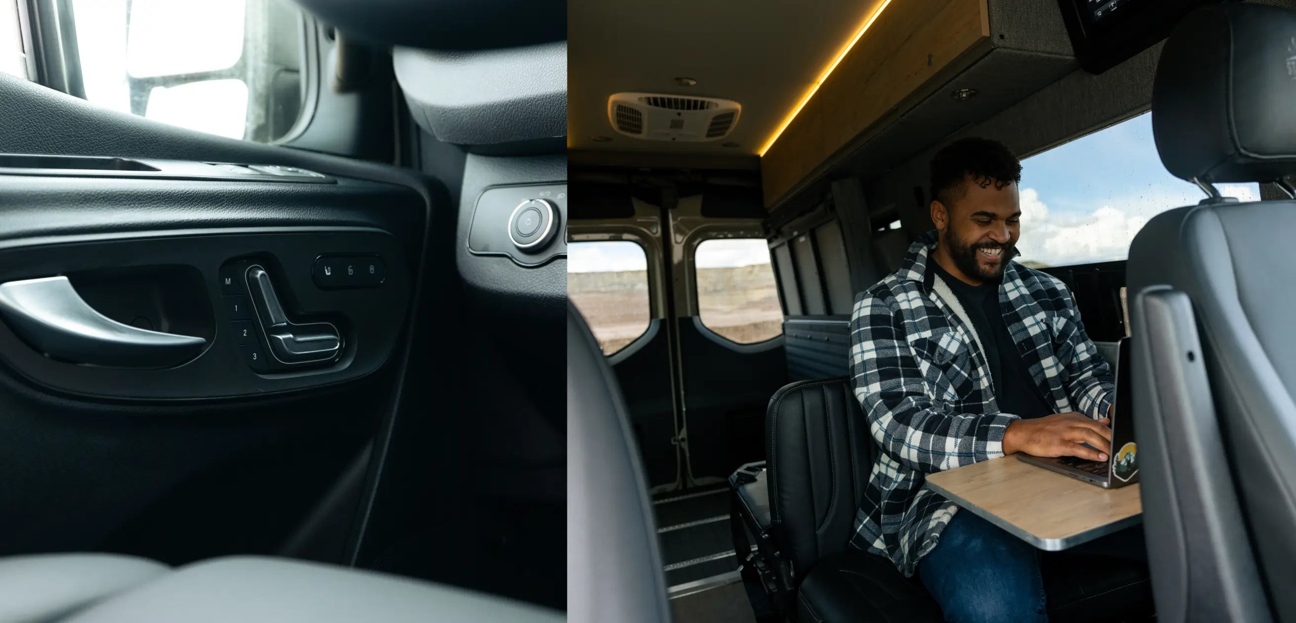 Interior of adventure van with man working at table, showcasing camper van comfort and vanlife