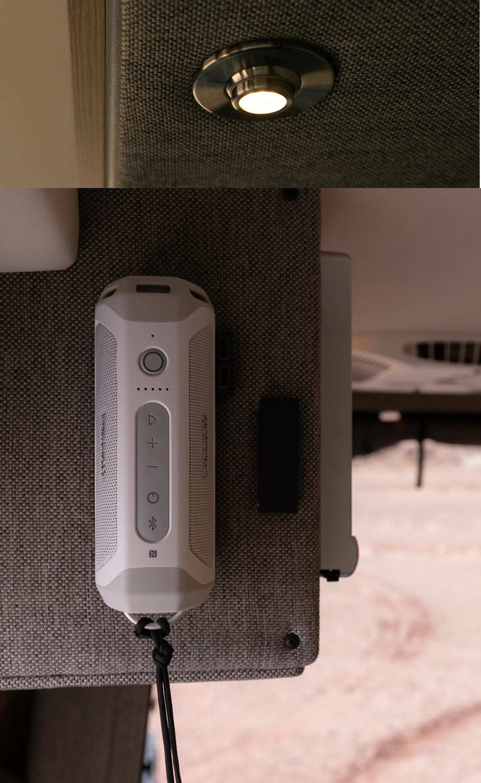 LED interior light and mounted speaker inside modern Adventure Van or camper van, ideal for vanlife and overlanding.