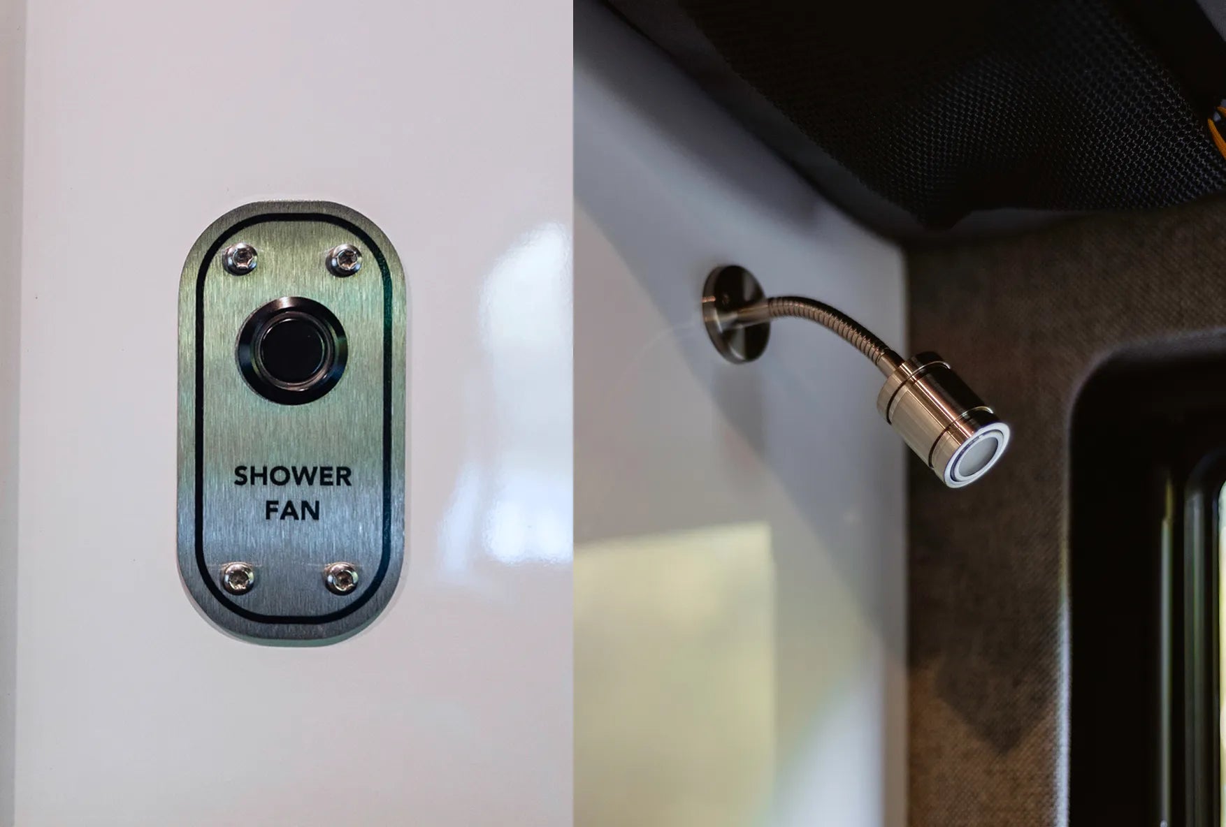 Camper van shower area with adjustable shower head and integrated fan button, ideal for vanlife or overlanding.