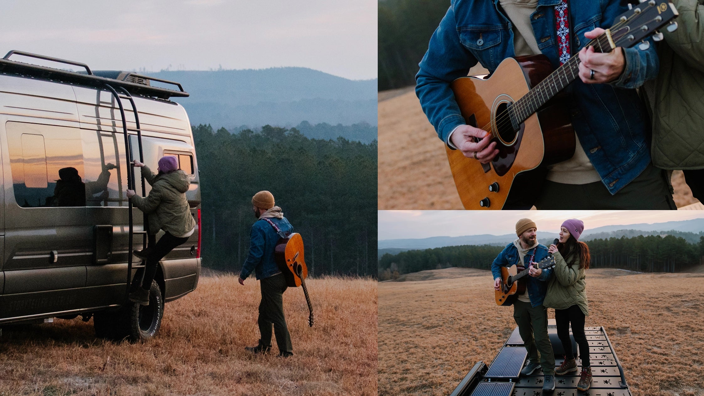 Couple enjoying adventure van, climbing ladder, playing guitar, singing outdoors on campervan roof, overland road trip