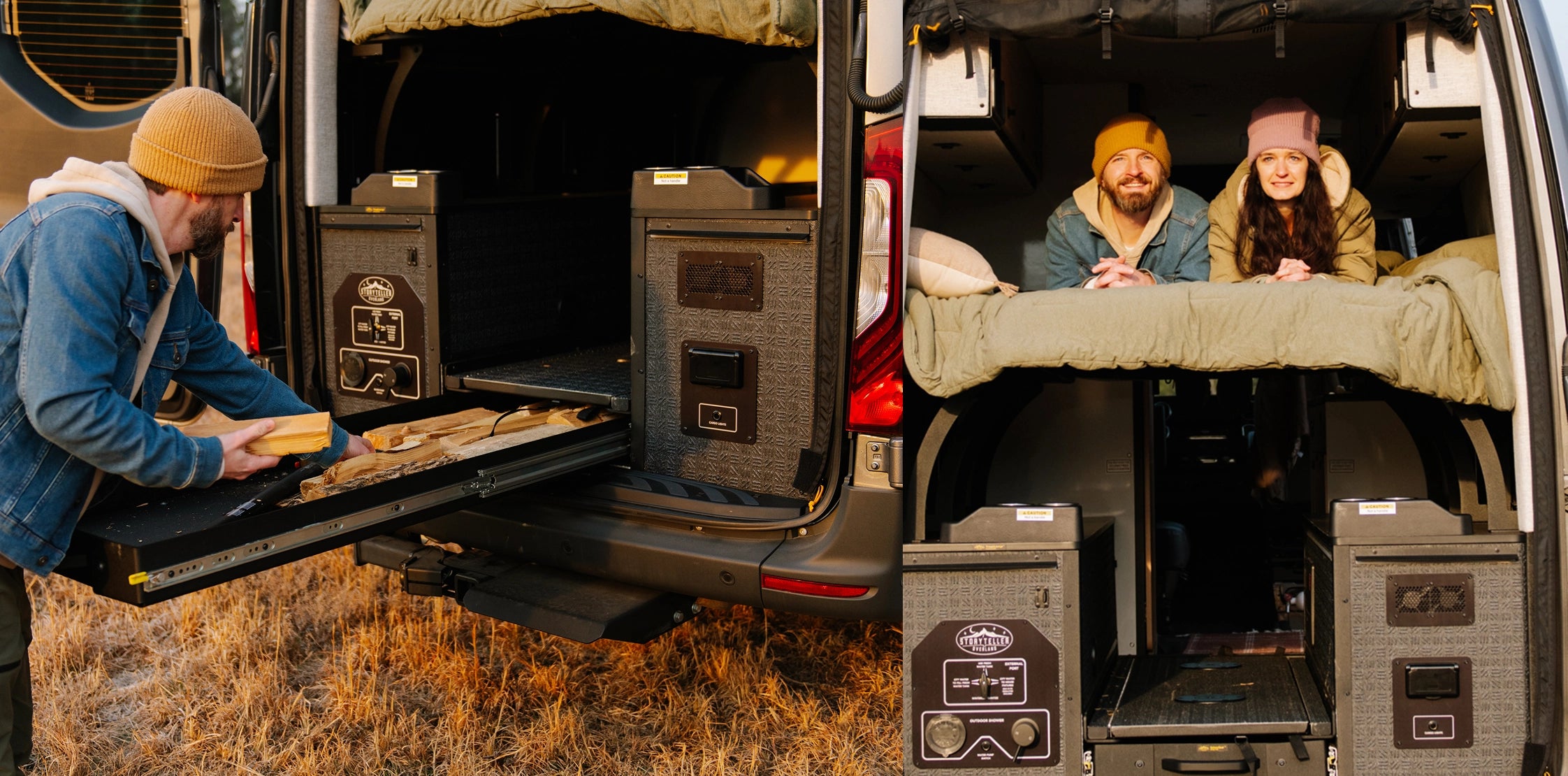 Adventure van with slide-out tray, storage drawers and cozy bed, ideal for campervan travel, vanlife, overlanding, road trips, and Expedition Vehicle enthusiasts.