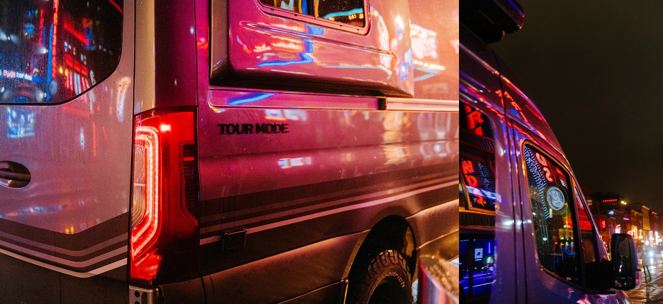 Adventure van Tour Mode parked on city street at night with neon lights reflections, campervan, vanlife, overland, offroad vehicle