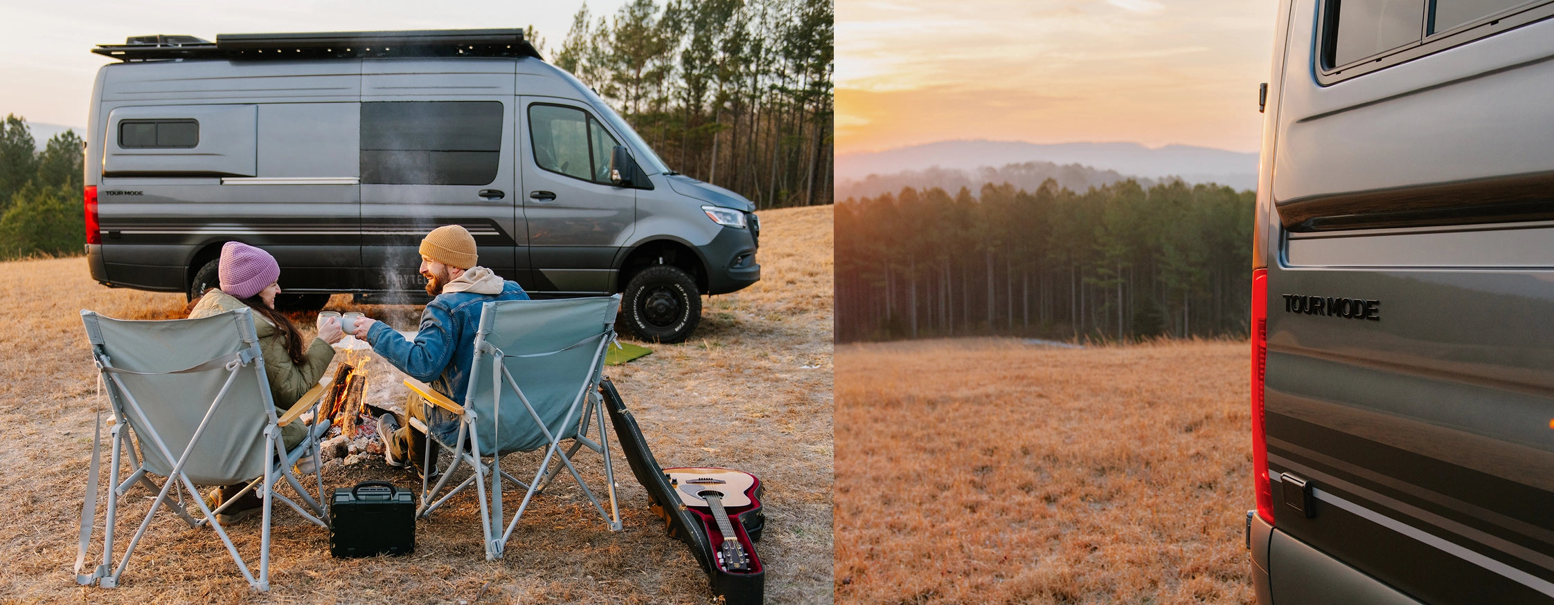 Couple enjoying coffee by campfire next to Sprinter Van adventure rig in scenic outdoor setting
