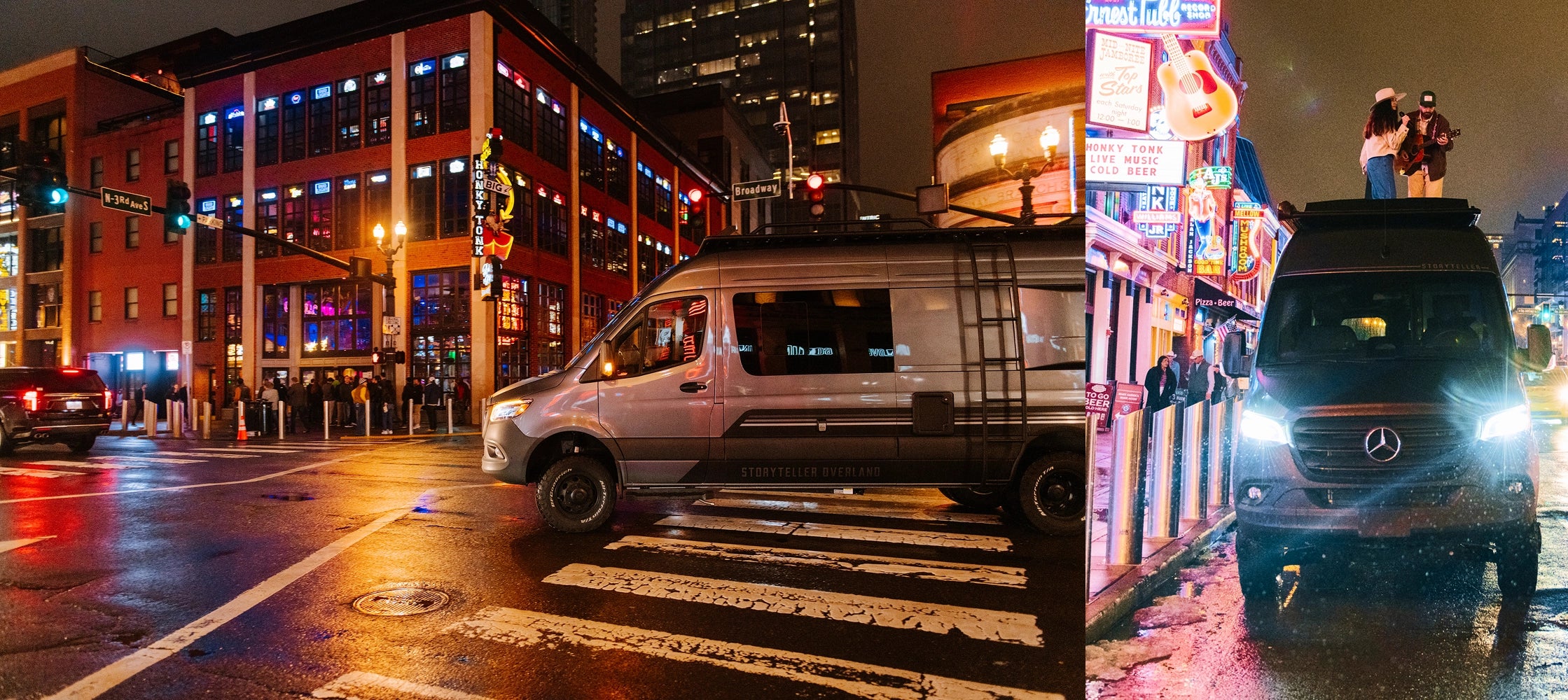 Sprinter 4x4 camper van parked on city street at night with neon signs, adventure van lifestyle