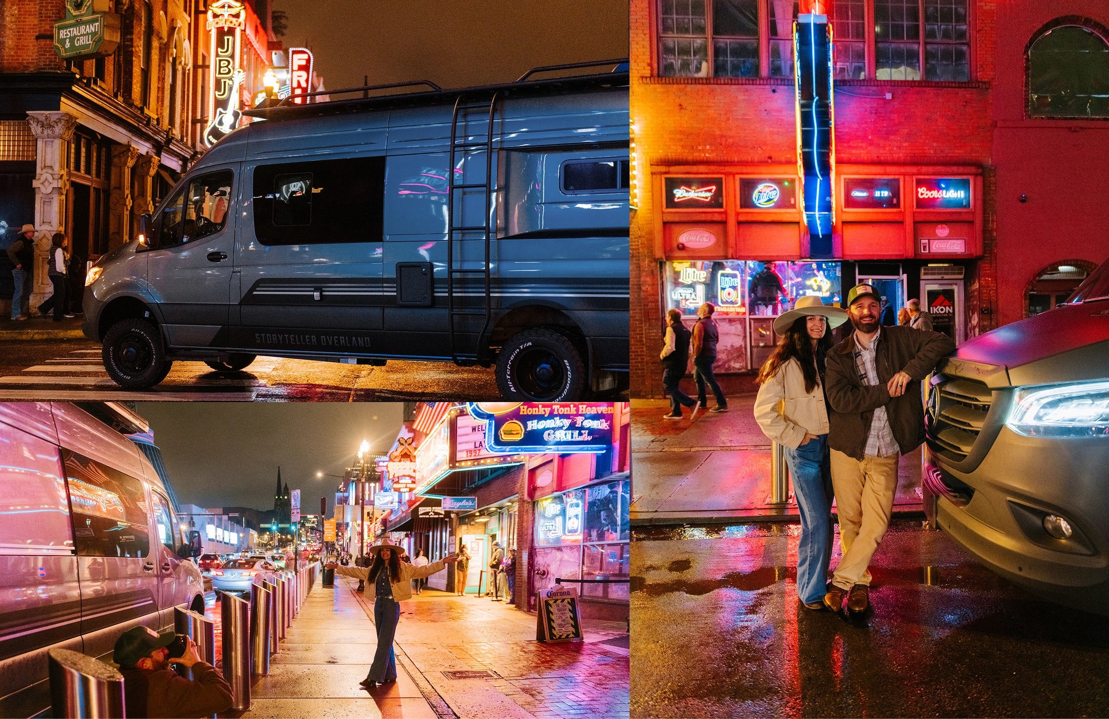 Adventure van parked in city nightlife, people enjoying Vanlife and Overland road trip.