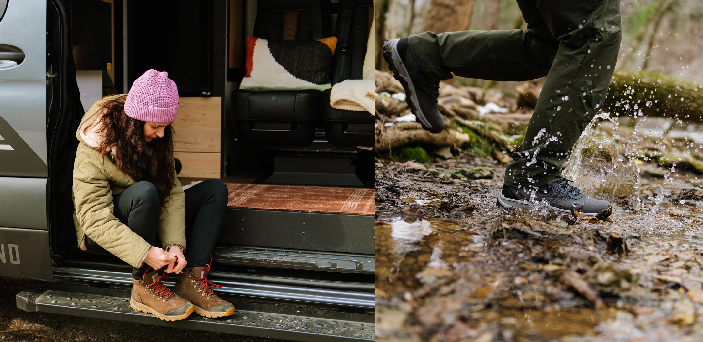 Woman lacing boots at camper van entry, adventure van life, offroad overlanding travel