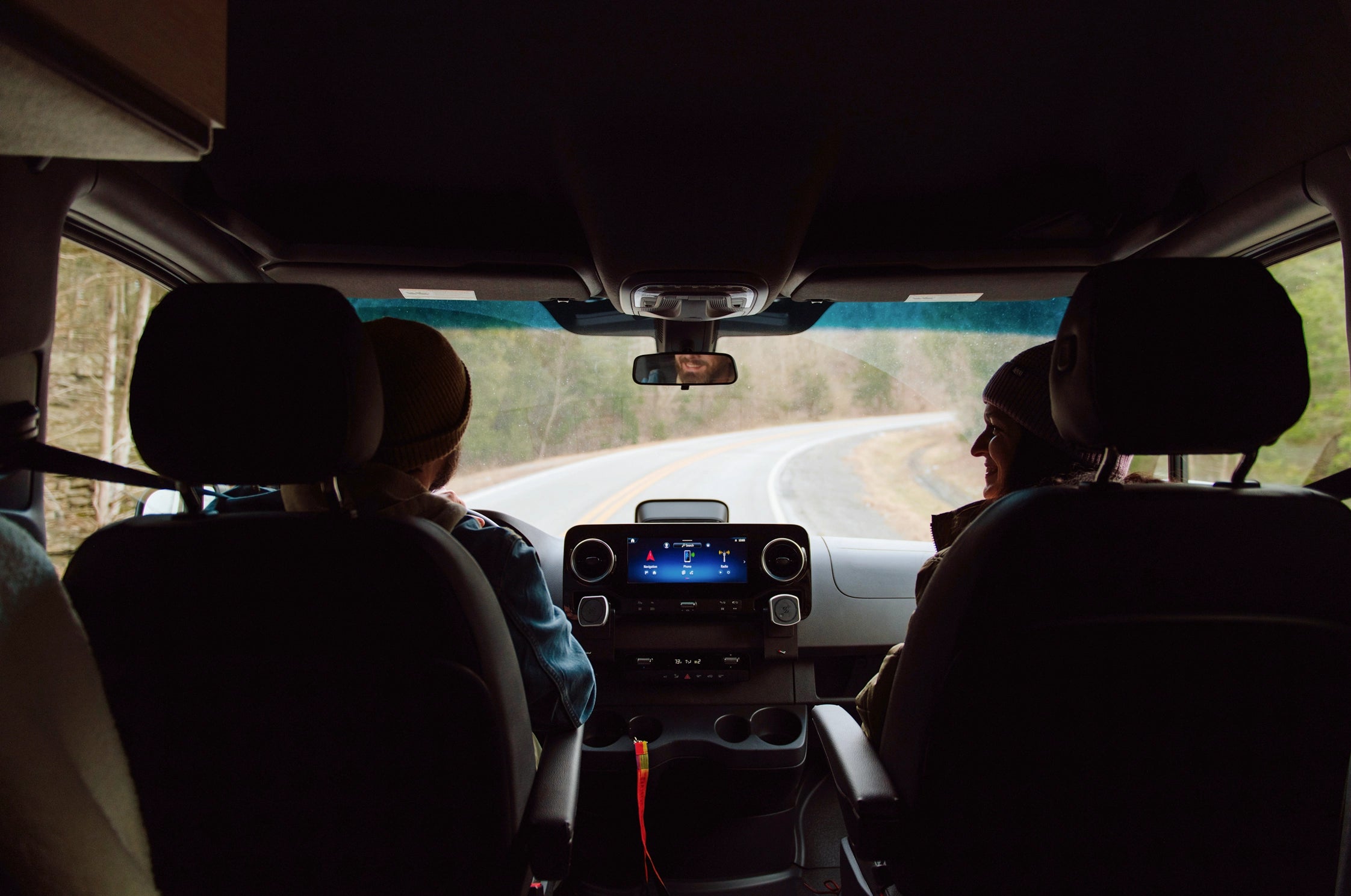 Driving adventure van interior, road trip, camper van lifestyle, vanlife, overlanding journey