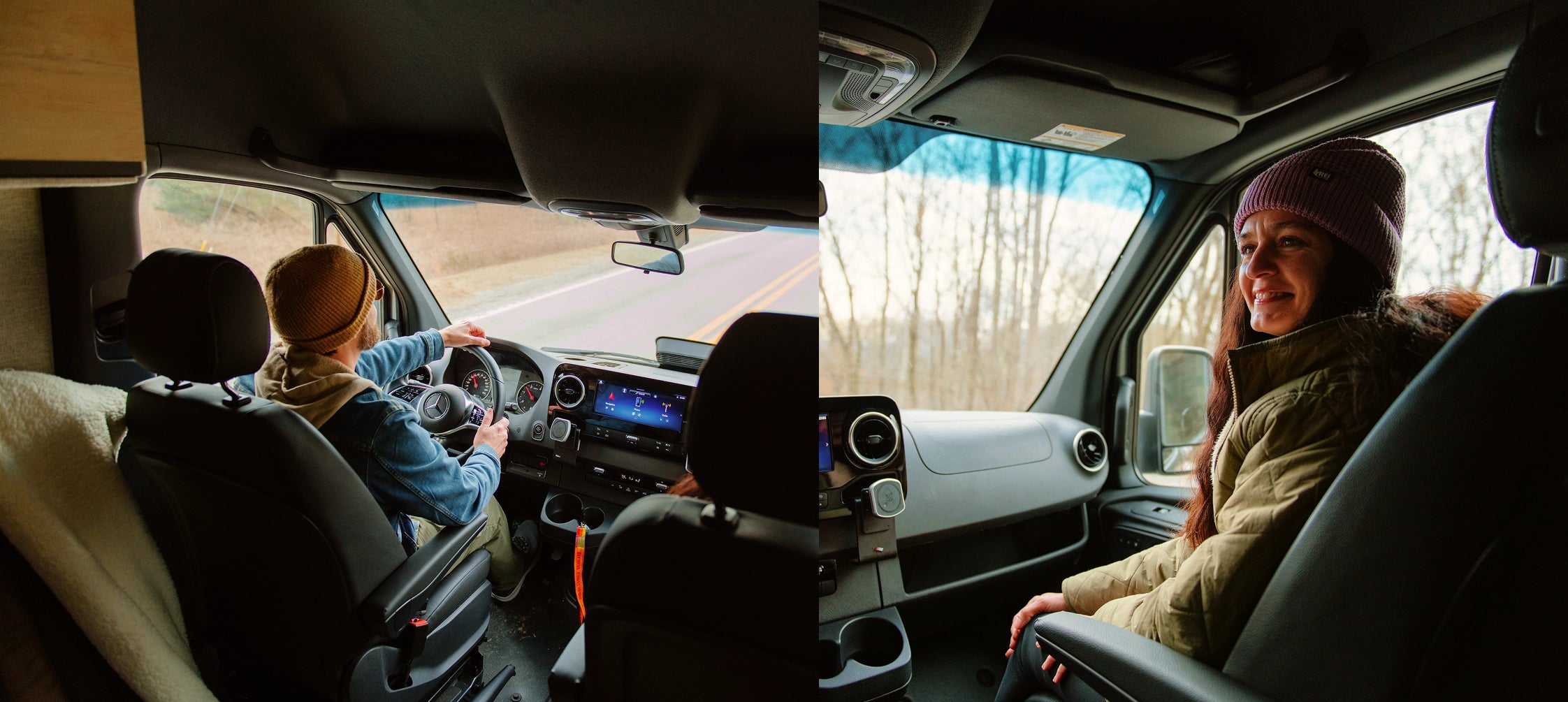 Two views of a person driving a van with a scenic background. Storyteller Overland, Camper Van, Campervan, Adventure Van, Class B RV, Small Motorhome, Overland, Overlanding, Offroad Vehicle, Vanlife, Van life, TOUR MODE