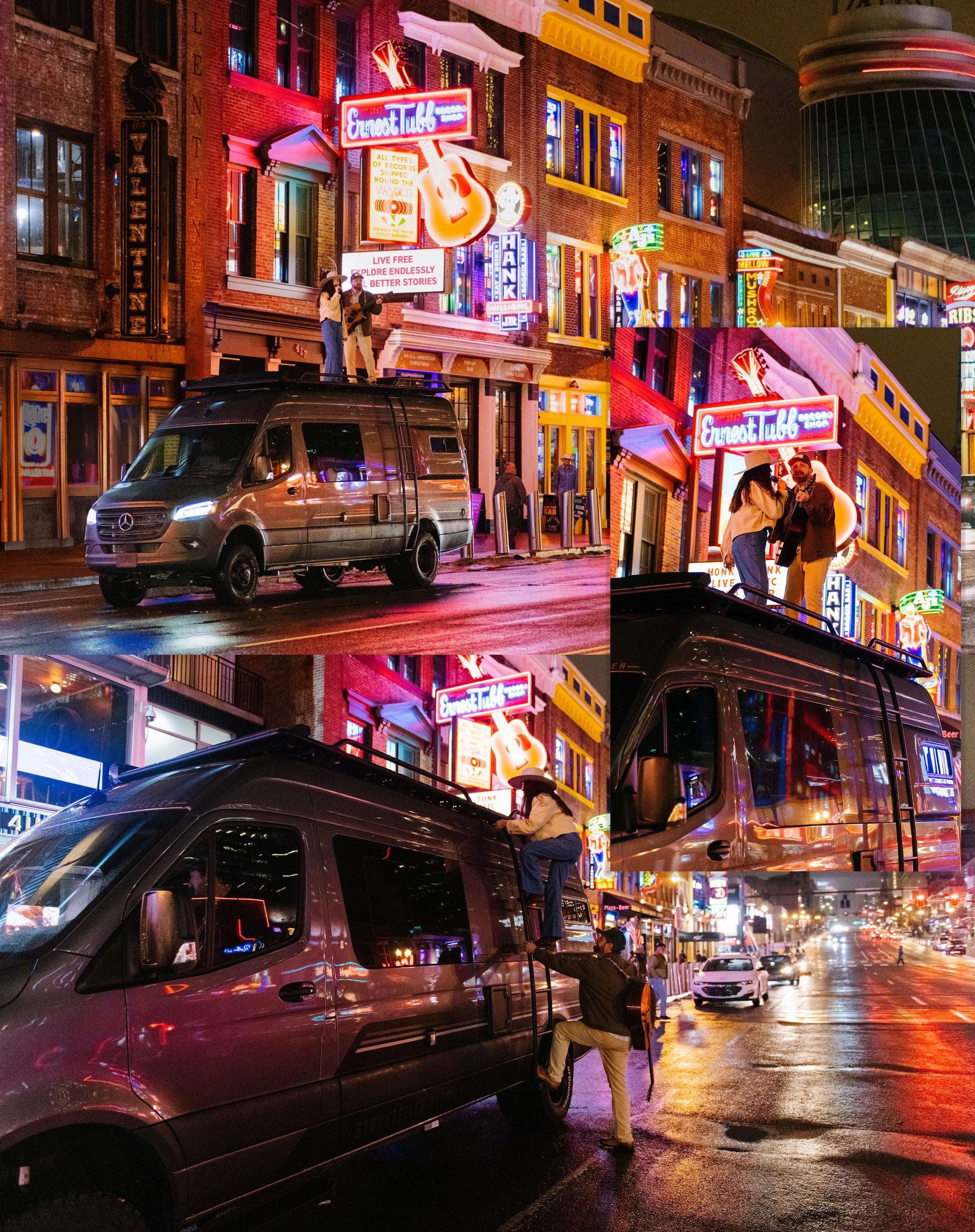 Sprinter 4x4 camper van parked on Nashville street, couple on roof enjoying adventure van life