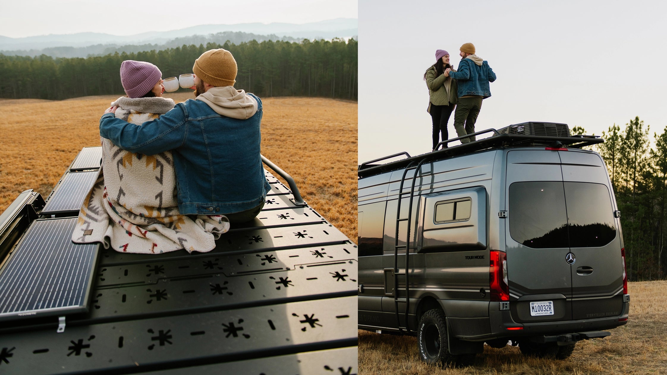 Couple on adventure van roof enjoying nature, Sprinter 4x4 camper van, vanlife road trip scene