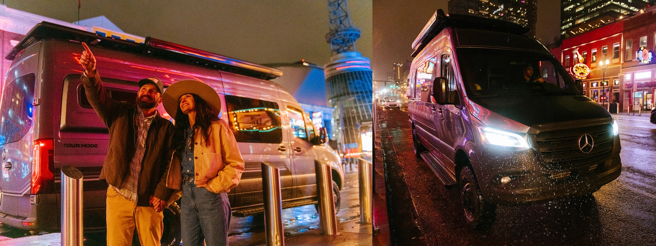 Adventure van parked on rainy city street at night, couple enjoying urban vanlife road trip