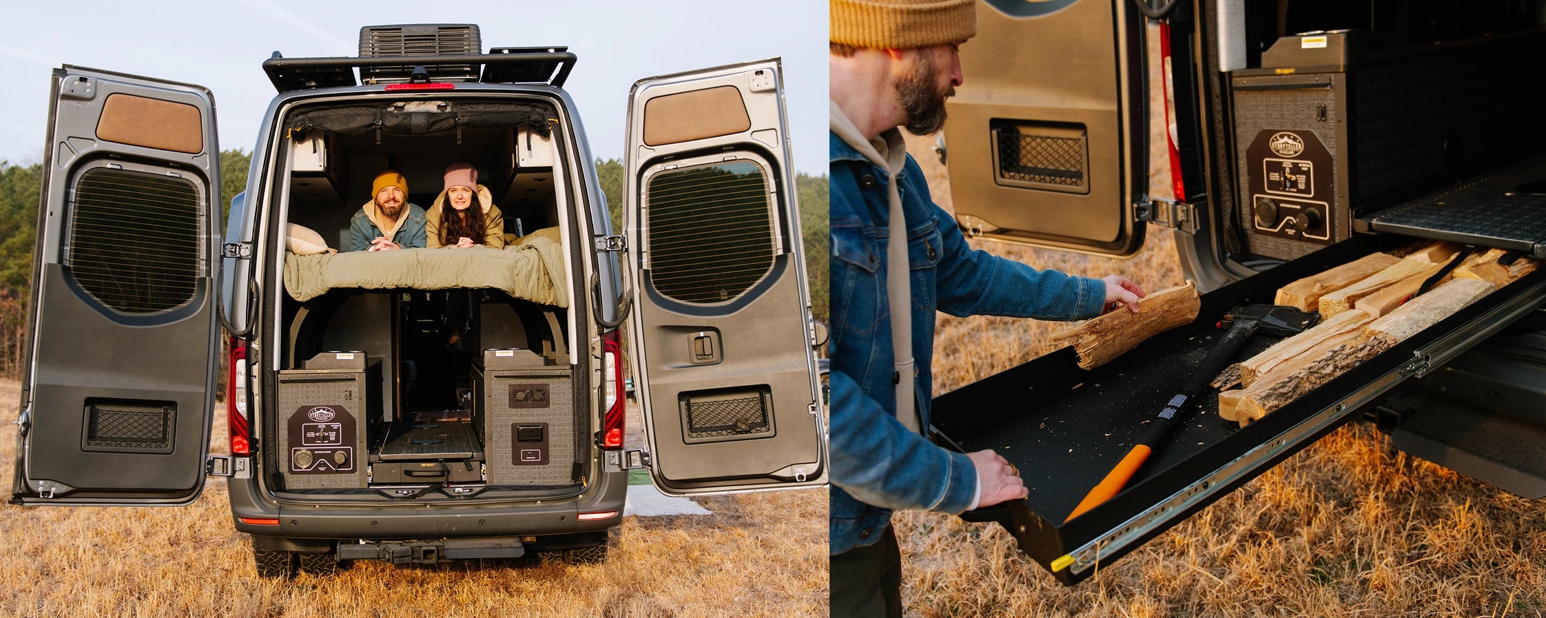 Adventure van with open rear doors, sliding storage tray, and couple inside, ideal for vanlife and overlanding