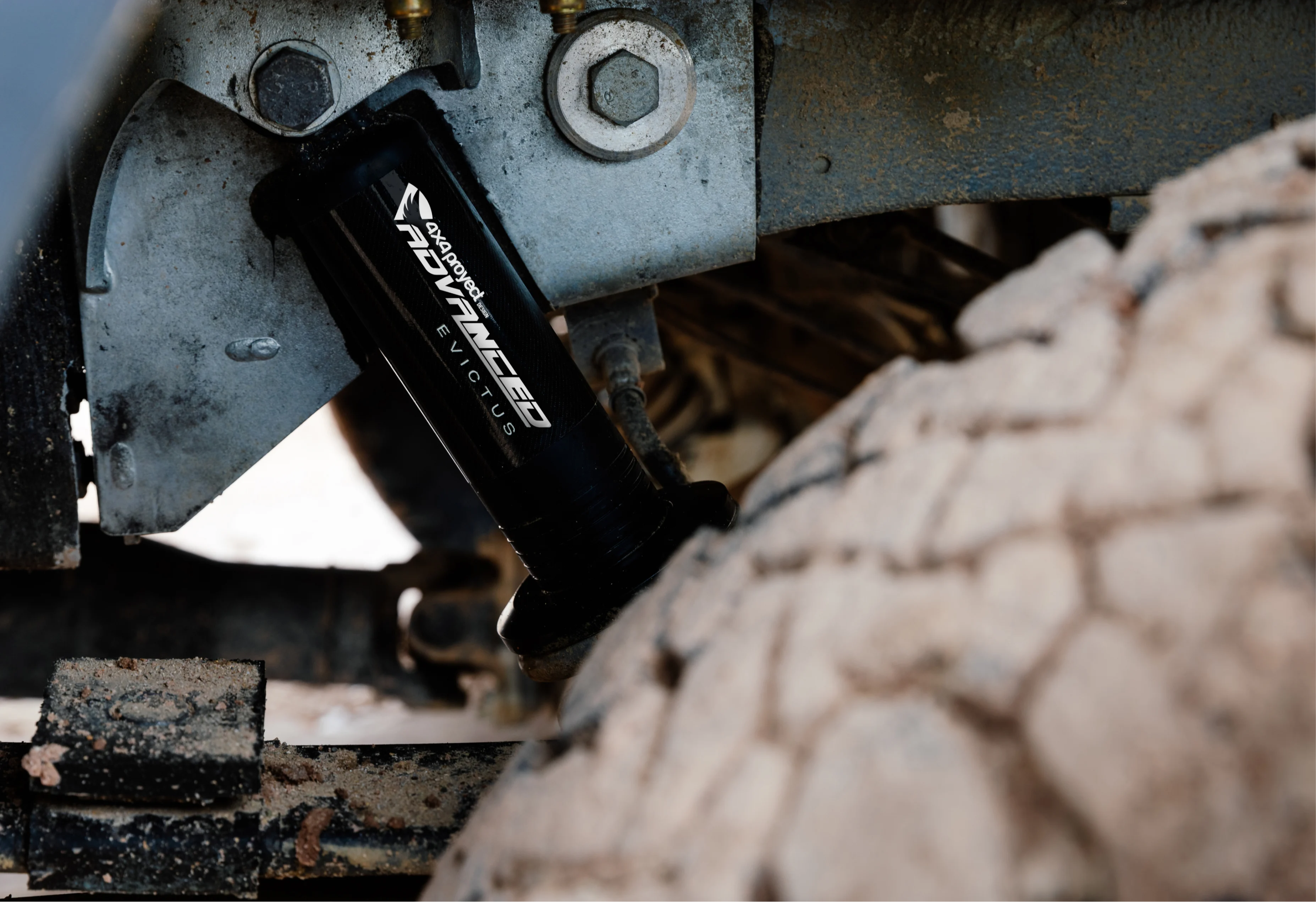 Heavy-duty offroad suspension close-up on an adventure van or overlanding camper van