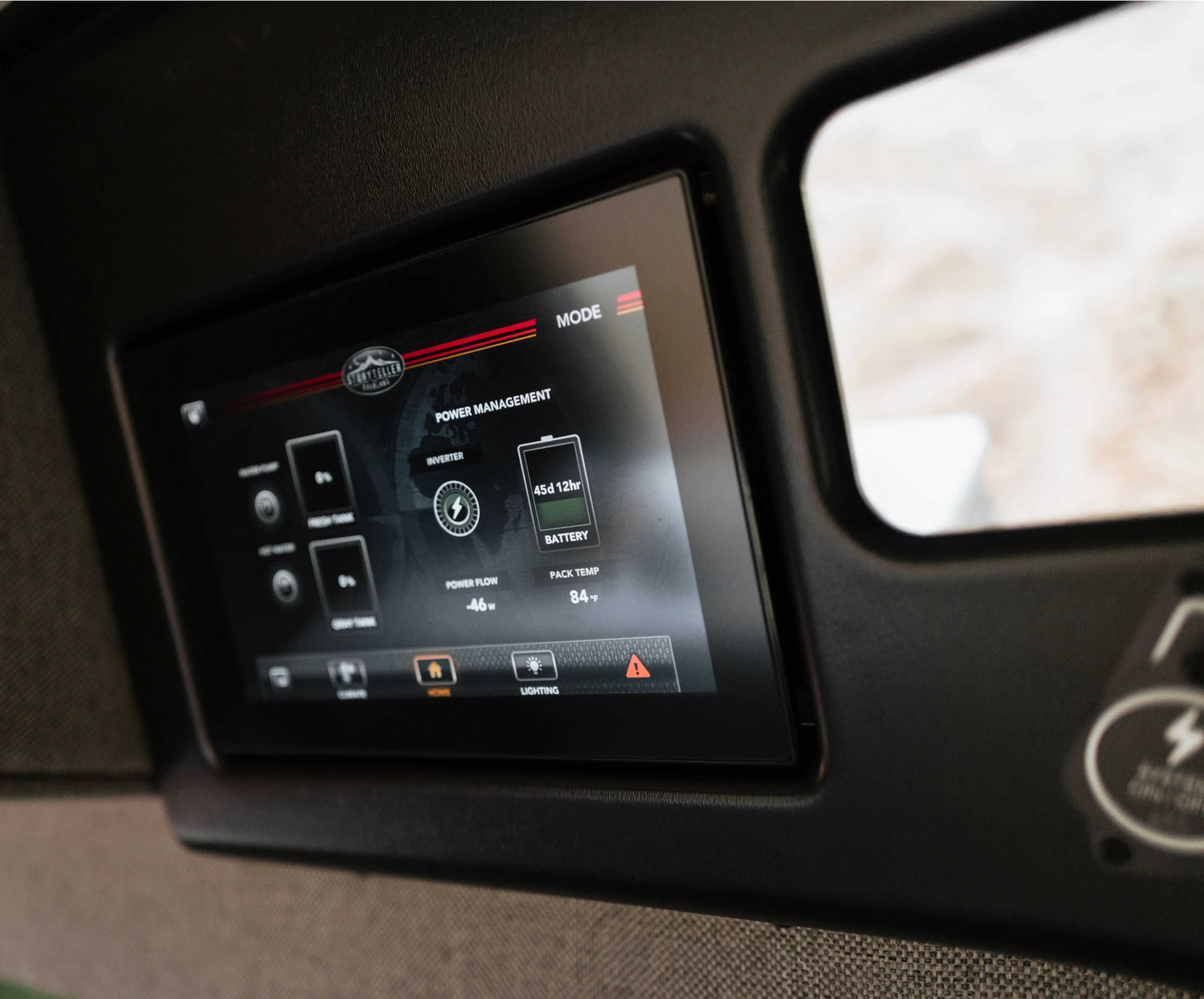 Power management control panel in Beast MODE 4x4 camper van interior, overland adventure rig.