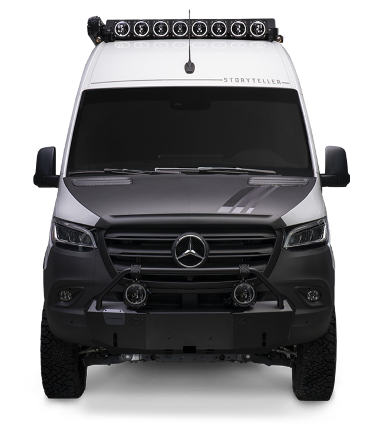 Front view of Arctic White Beast MODE 4x4 Sprinter camper van, adventure rig with offroad lights