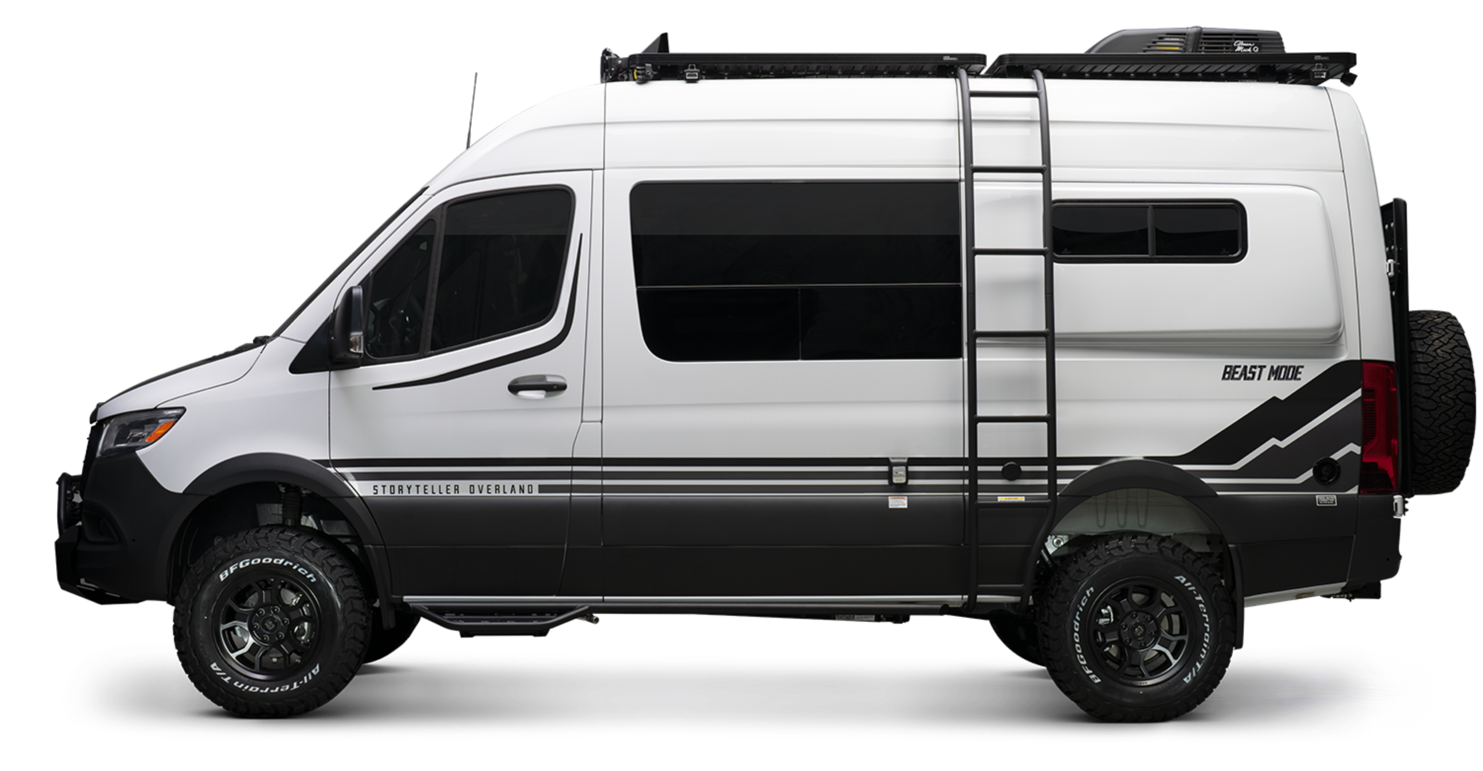 White Beast MODE 4x4 Sprinter camper van with offroad tires, ladder, and expedition roof rack