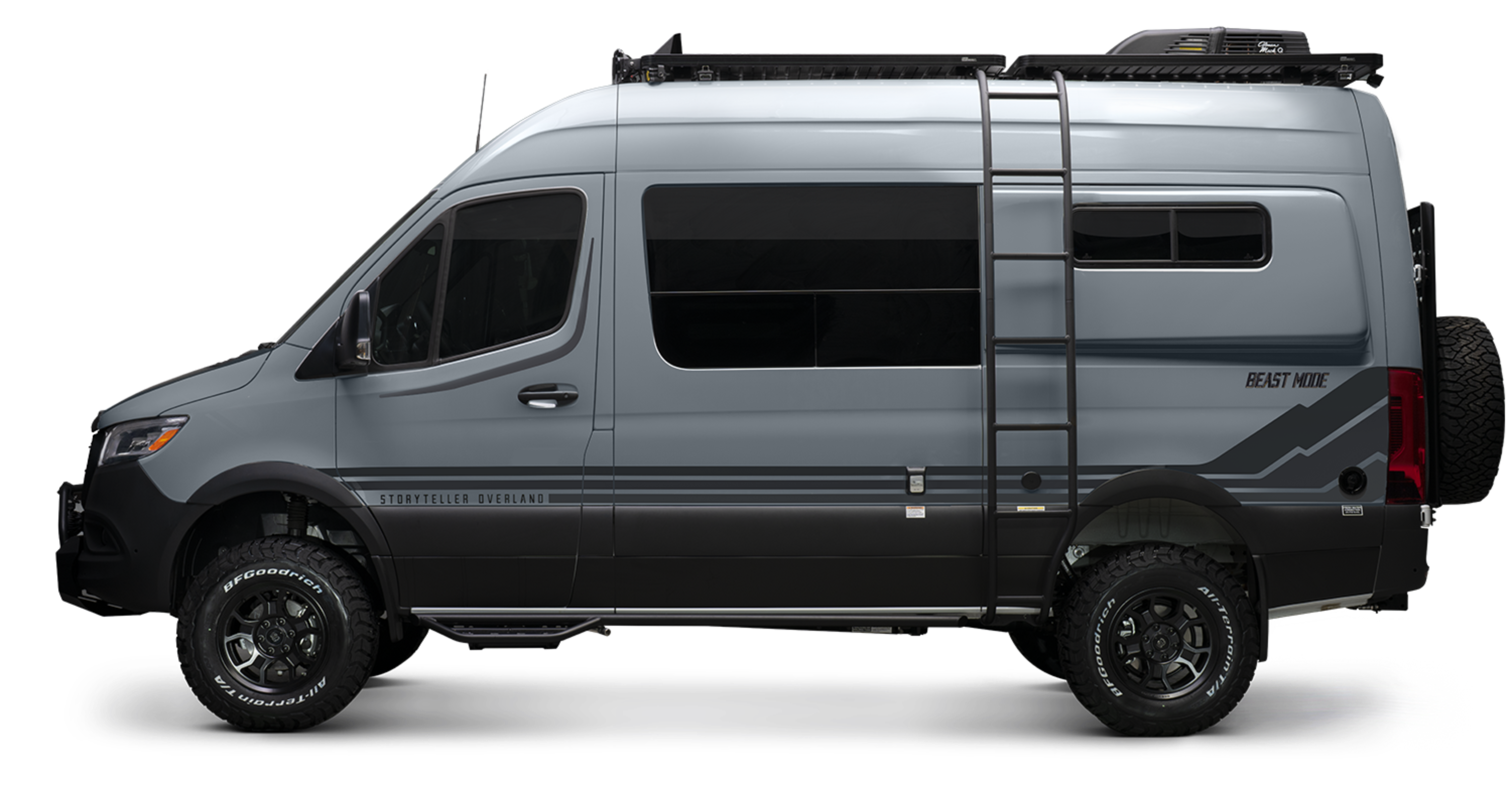 Blue-gray Beast MODE adventure van, Sprinter 4x4 campervan with offroad tires and ladder