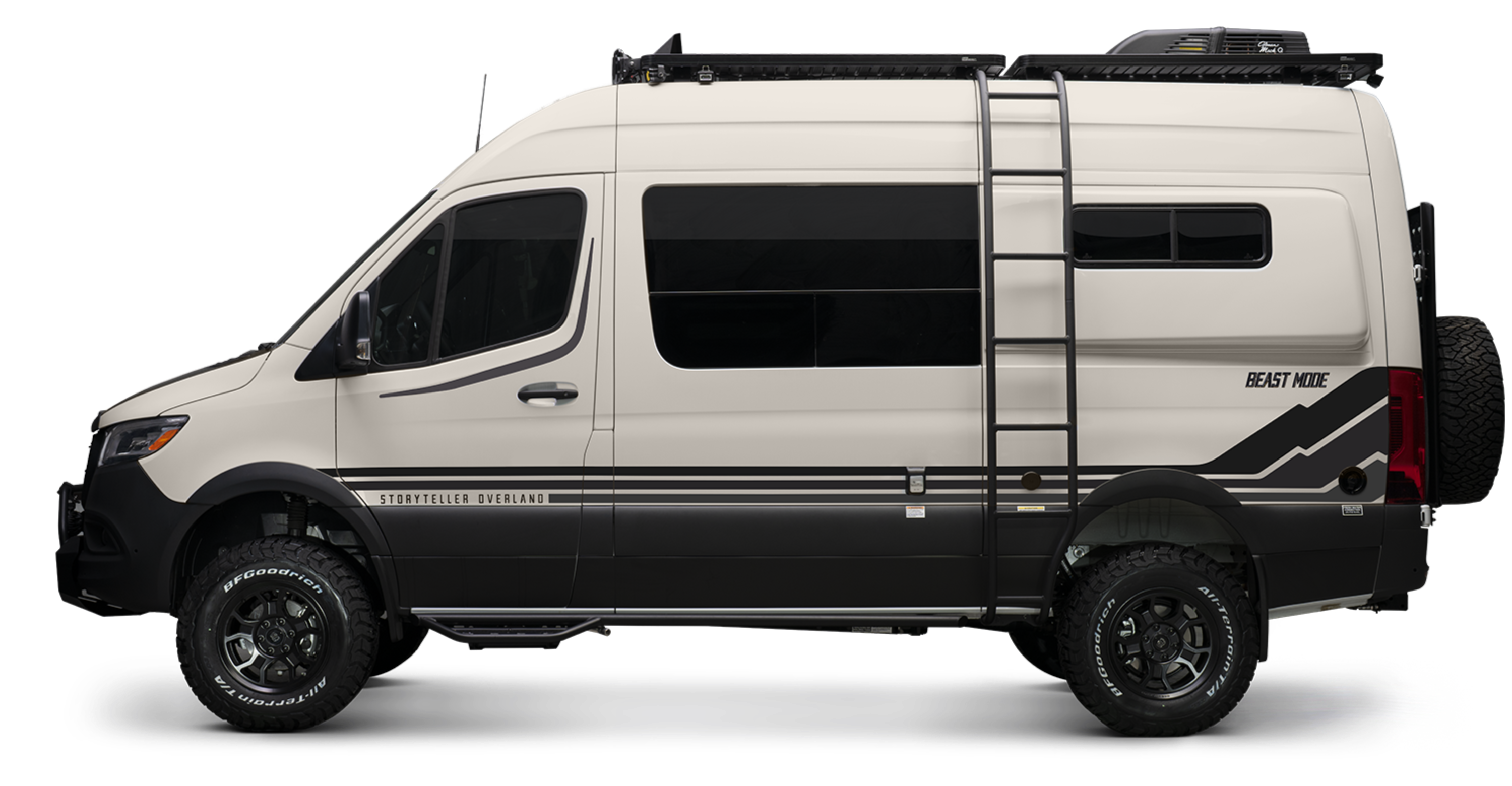 Pebble gray Beast MODE 4x4 adventure van with offroad tires, roof rack, and side ladder