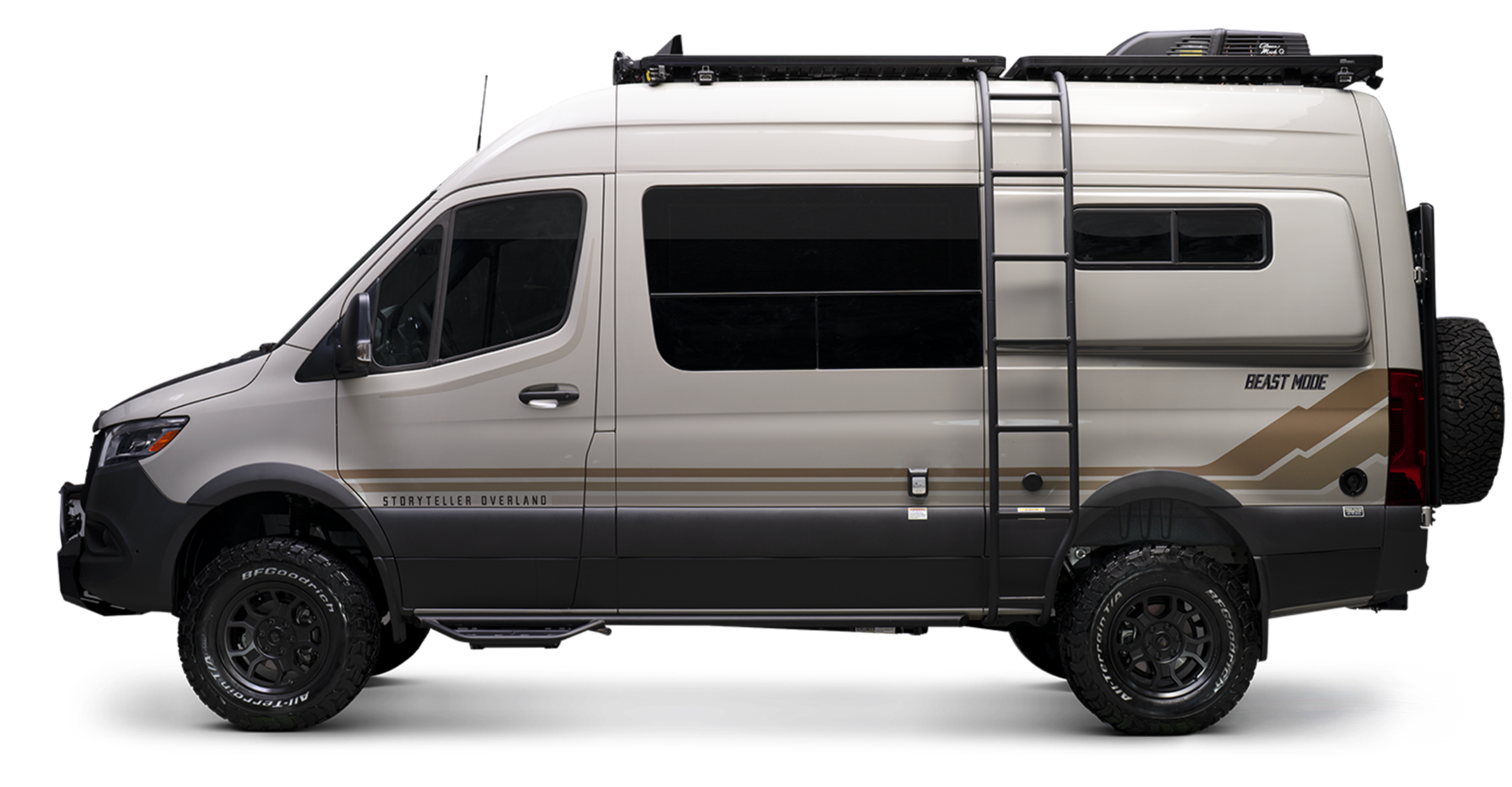 Stone grey Beast MODE adventure van with ladder, rugged tires, ideal for overlanding and van life