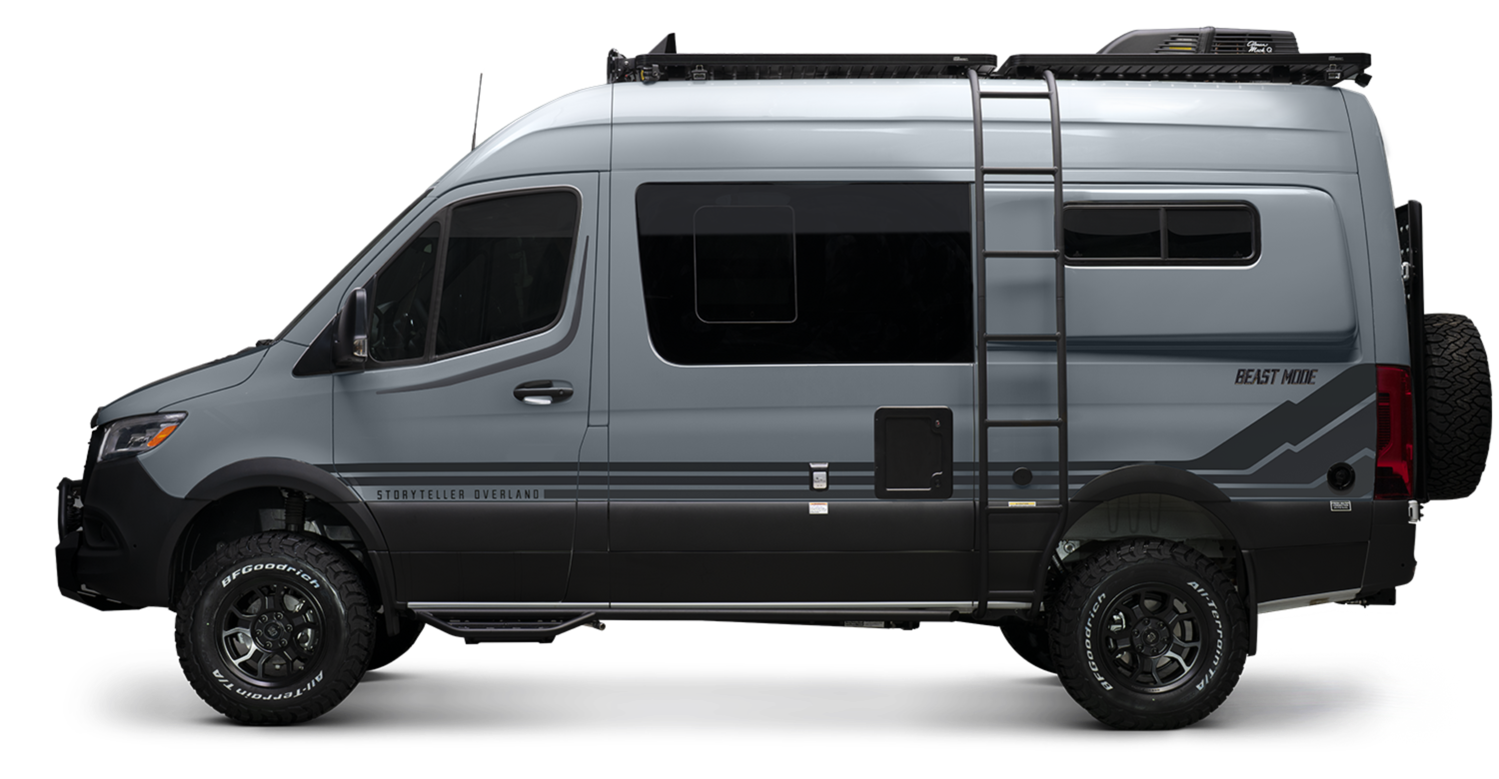Side view blue gray Beast MODE 4x4 Sprinter Camper Van with offroad tires and ladder, adventure van