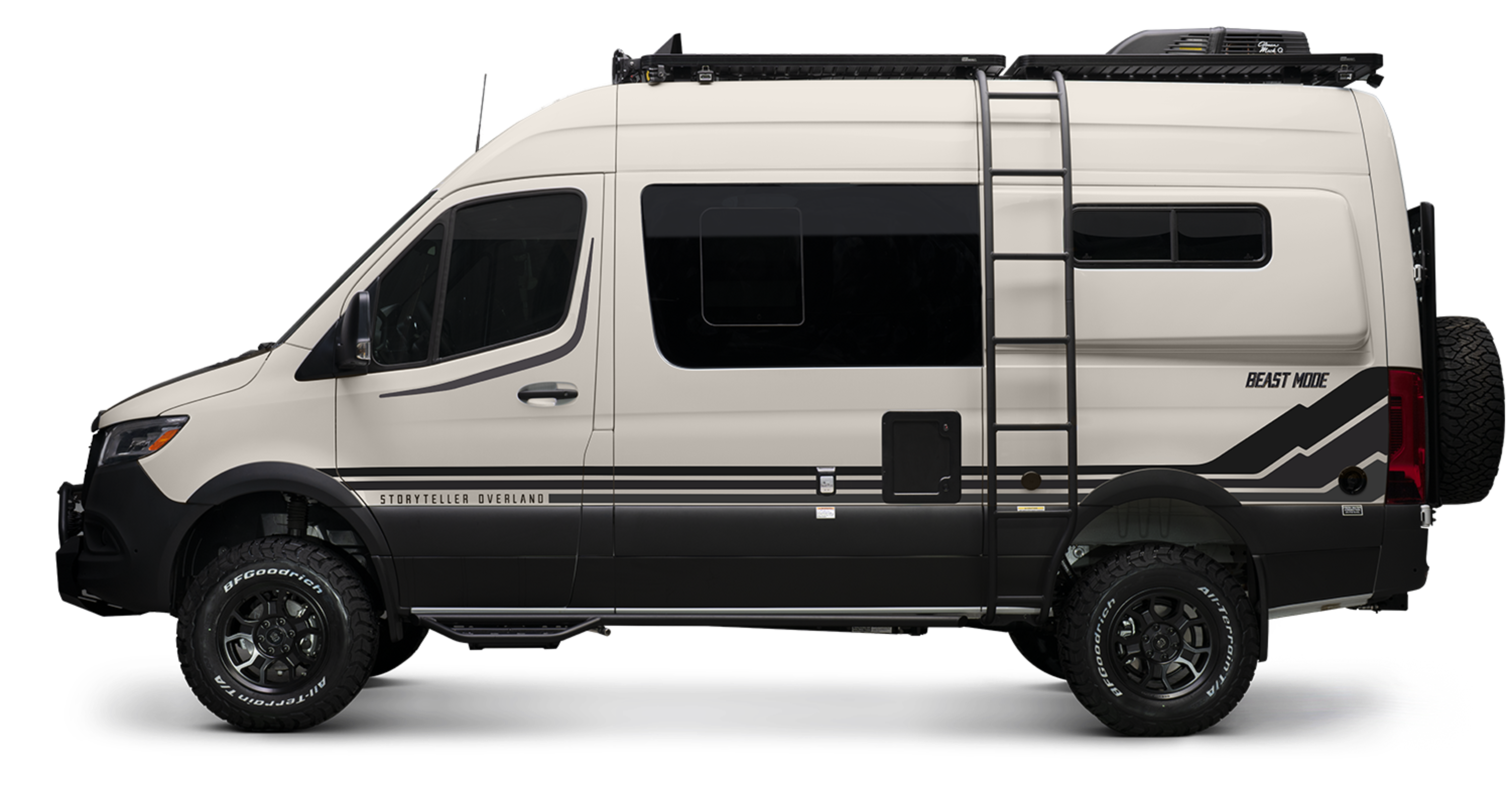 Side view of Beast MODE 4x4 Sprinter camper van, offroad overland adventure vehicle with ladder and roof rack.