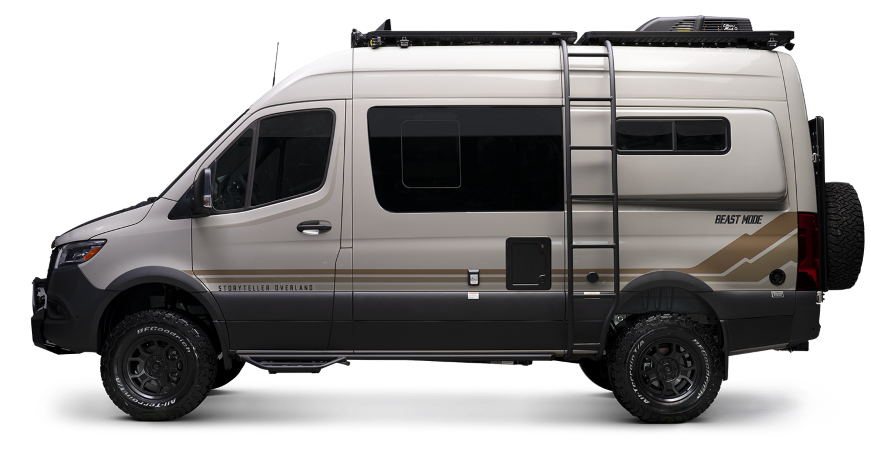 Beast MODE Sprinter 4x4 camper van side view, offroad adventure van with ladder and rugged tires