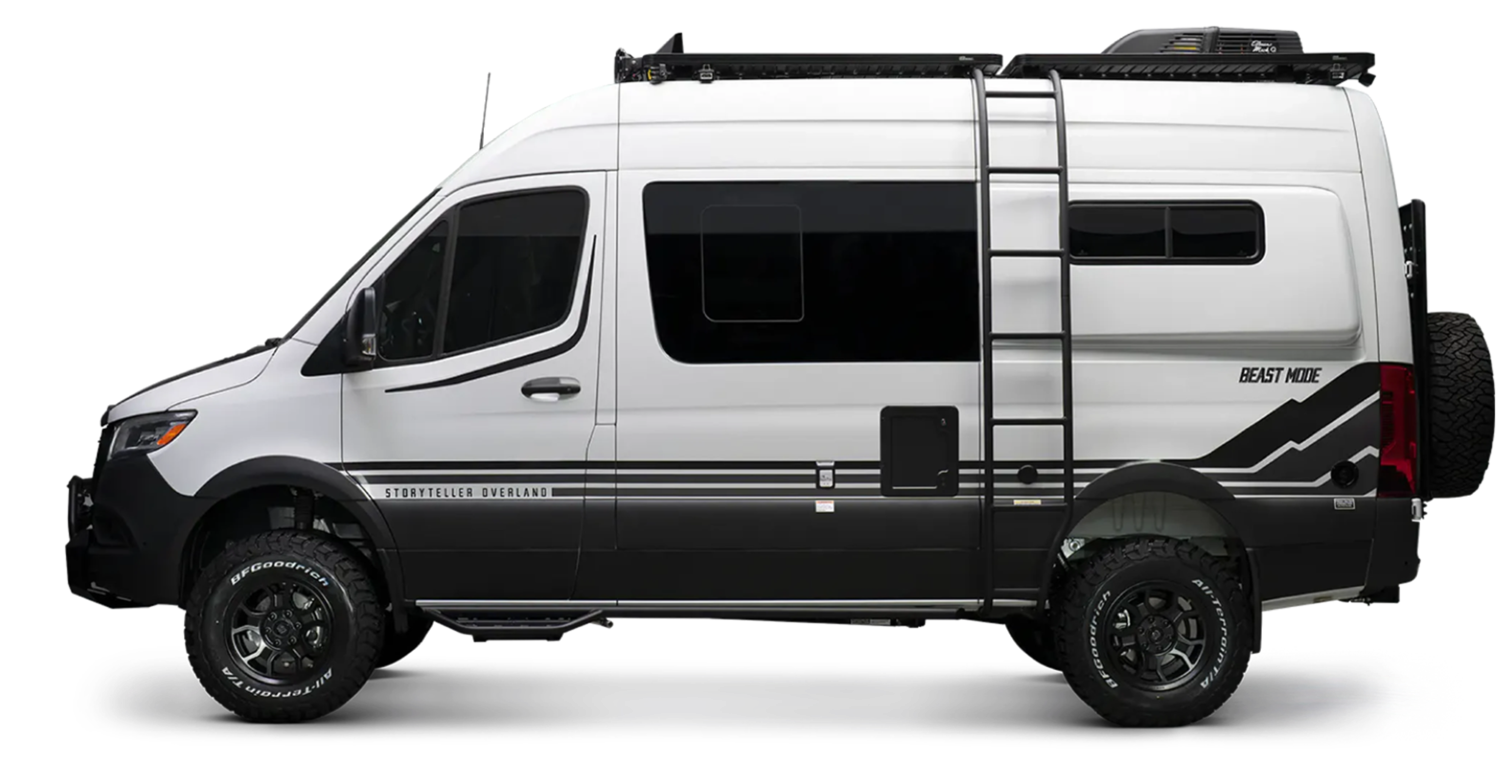White Beast MODE 4x4 Sprinter Camper Van with ladder, roof rack, offroad tires, ideal for overlanding and vanlife