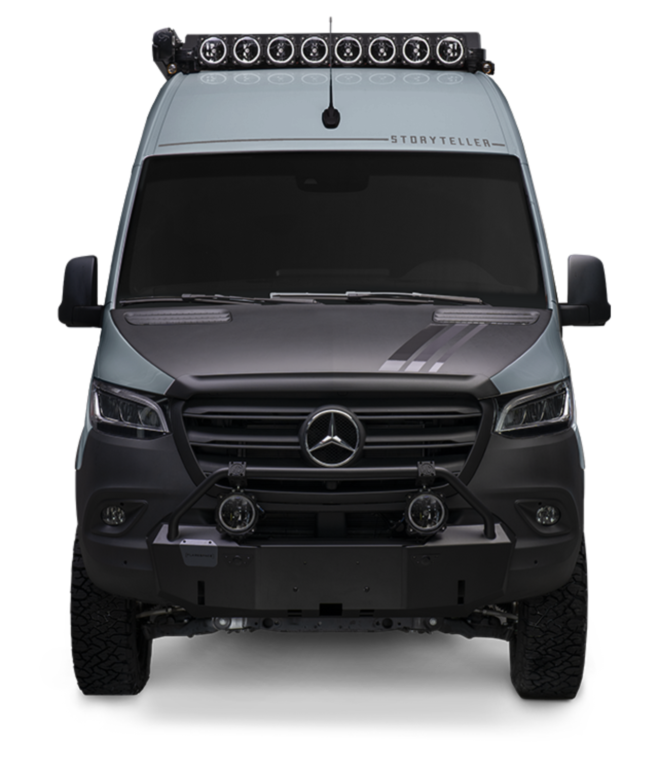 Front view of Beast MODE adventure van, offroad camper van with rugged features and roof lights