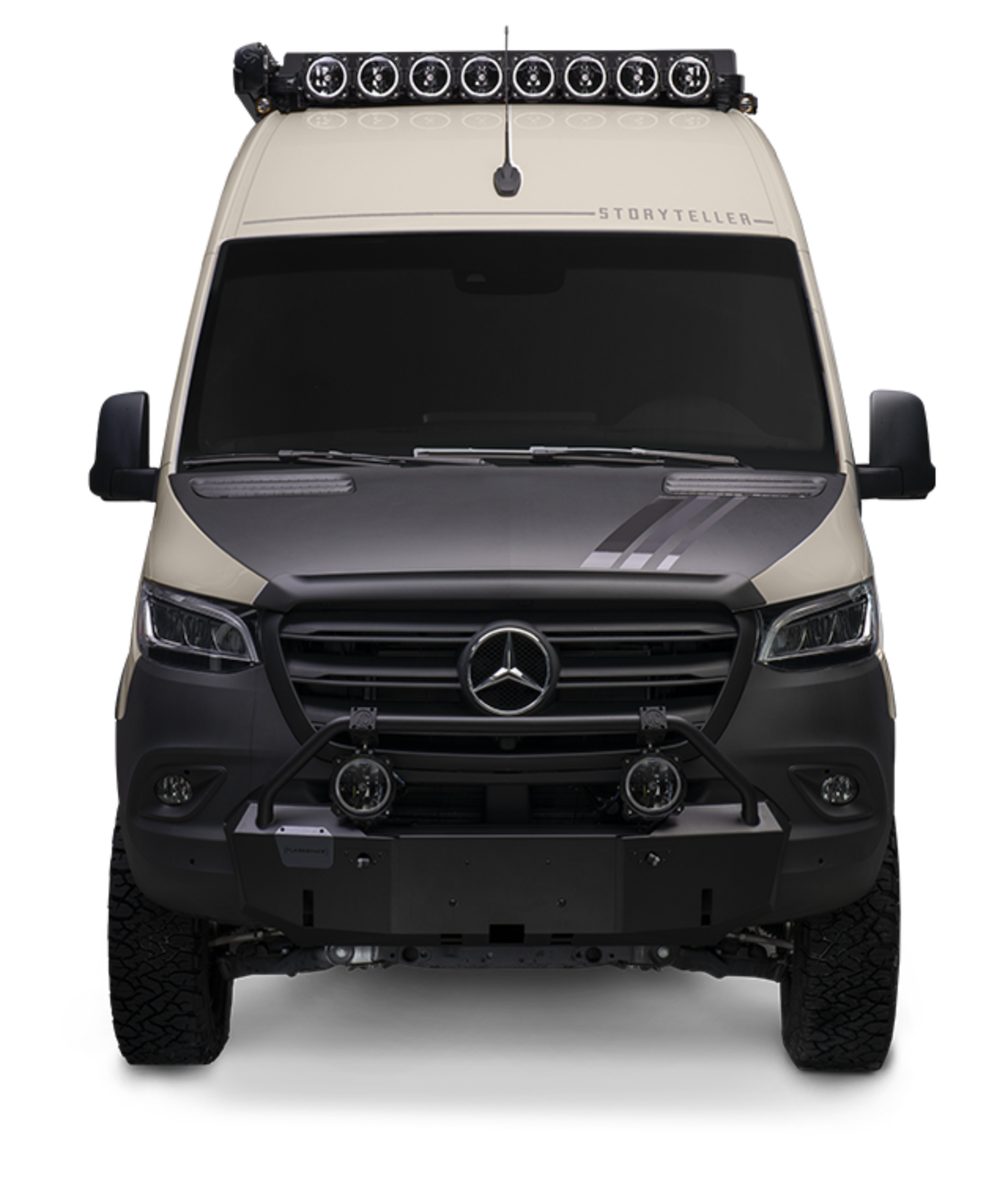 Front view of Pebble Gray Beast MODE 4x4 Mercedes Sprinter adventure van with offroad bumper and light bar.