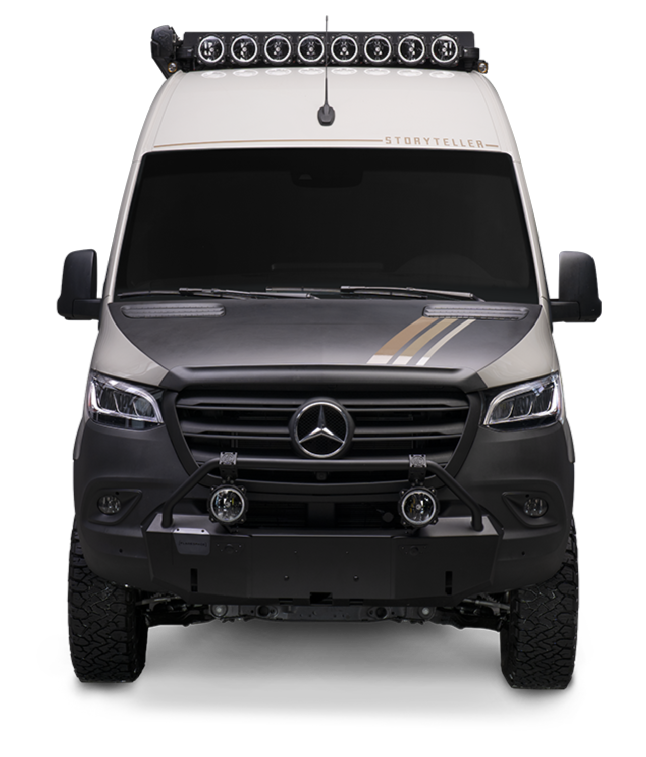 Front view of a Beast MODE 4x4 Sprinter camper van with offroad lights and rugged tires