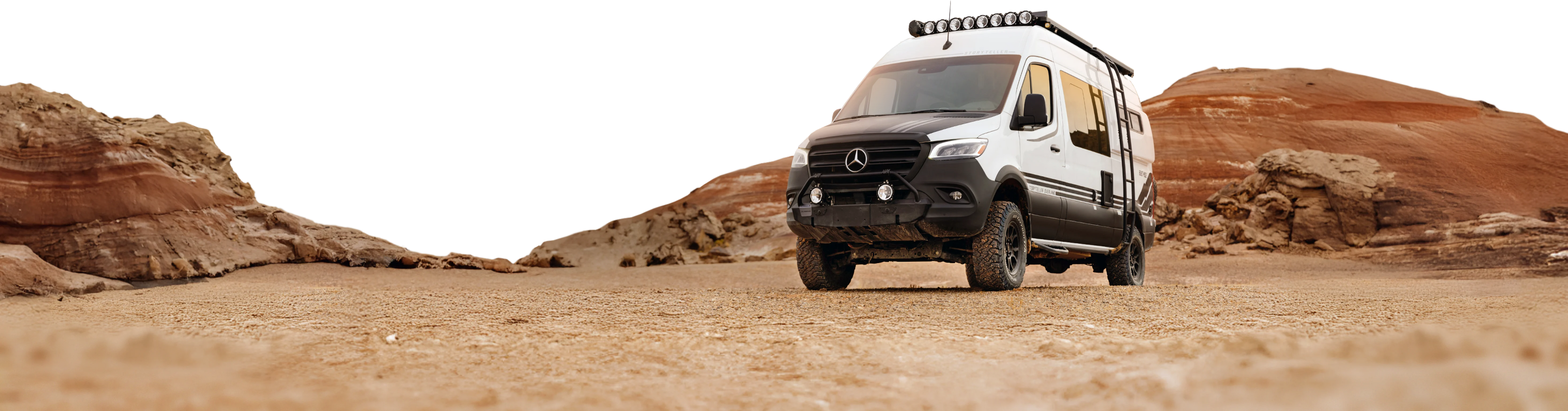 Offroad Sprinter 4x4 camper van parked in desert, adventure vanlife, expedition vehicle