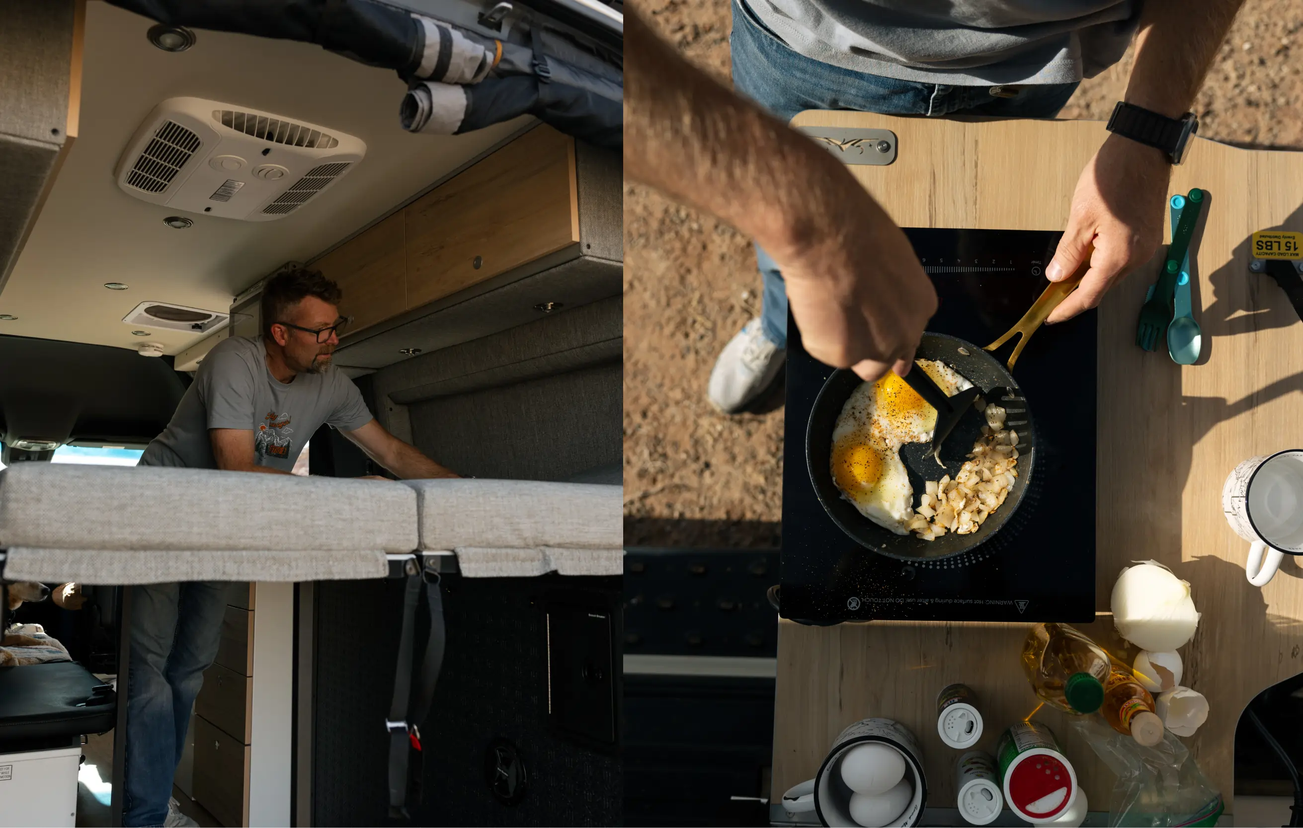 Man cooking breakfast inside an adventure van camper, eggs and onions on portable stove, vanlife setup